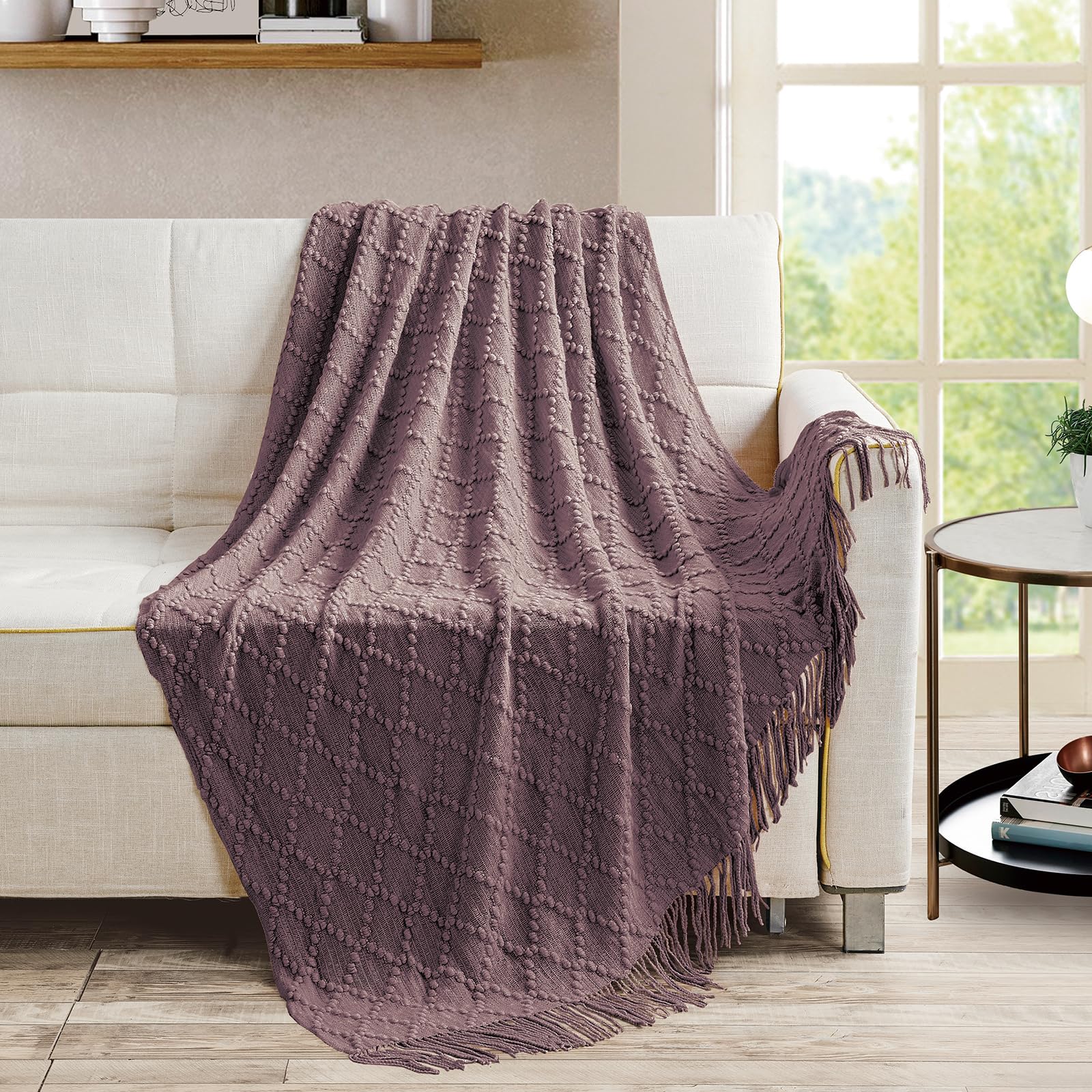 BOURINA Throw Blanket Textured Solid Soft Throws and Blankets for Sofa or Bed Knitted Decorative Blanket 127x178cm Dark Lavender - Image 2