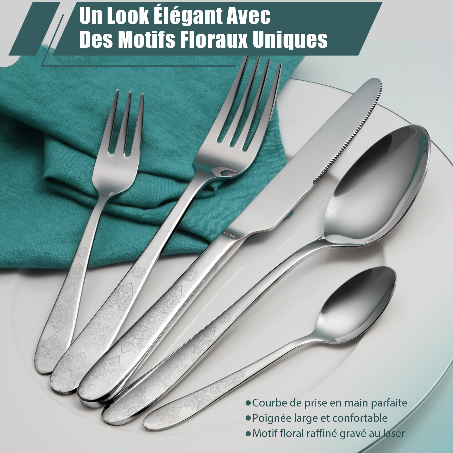 Lot de 60 Couverts de Table Inox pour 12 Personnes, Couteau Fourchette Cuillère, Motif Unique, Finition Brillante, Idéal Maison Cuisine, Lavable au Lave-Vaisselle