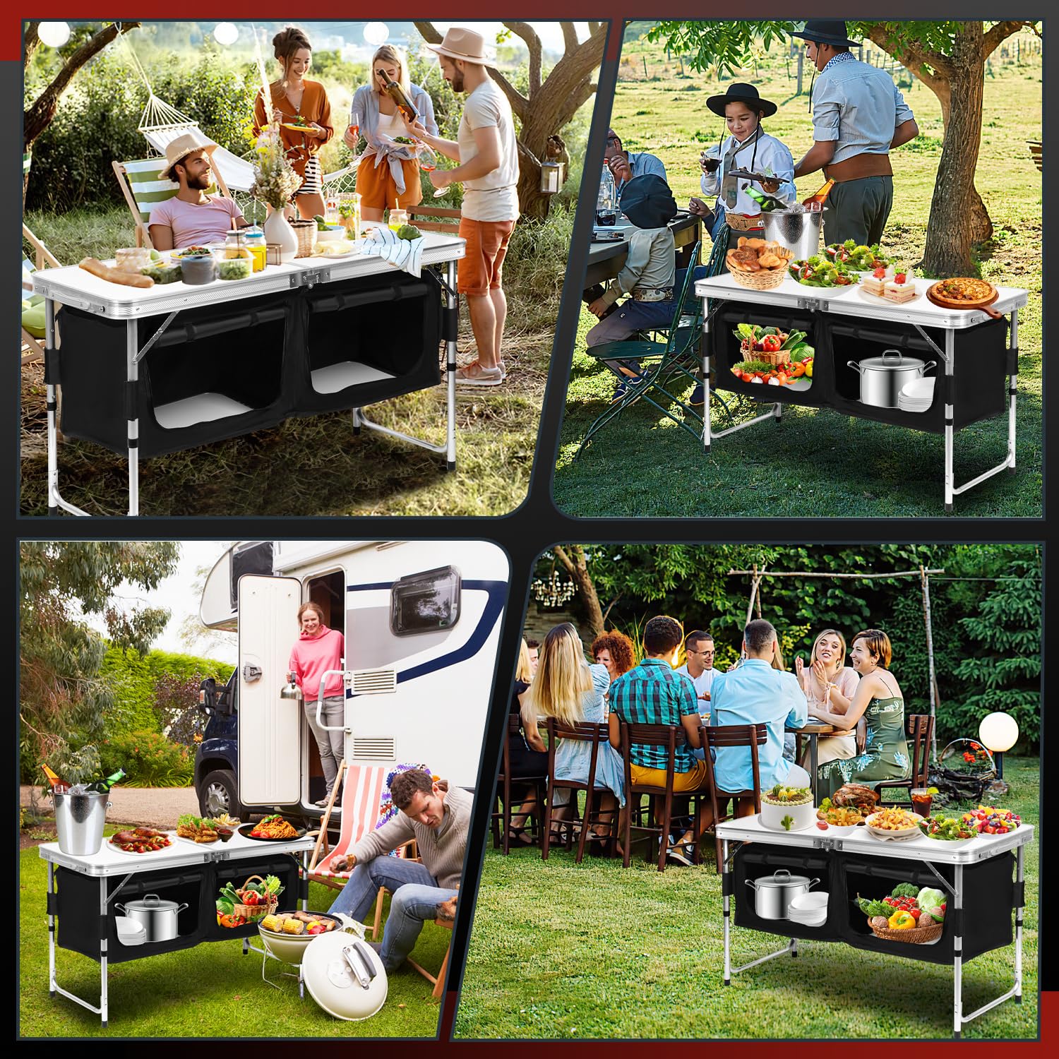 Campingküche Campingschrank Klappbar mit Aluminiumgestell und Staufächer, Küchenbox, Zeltschrank, Outdoor Camping Küche, Küchenschrank, Reiseküche für Camping, Gartenparty, Picknick
