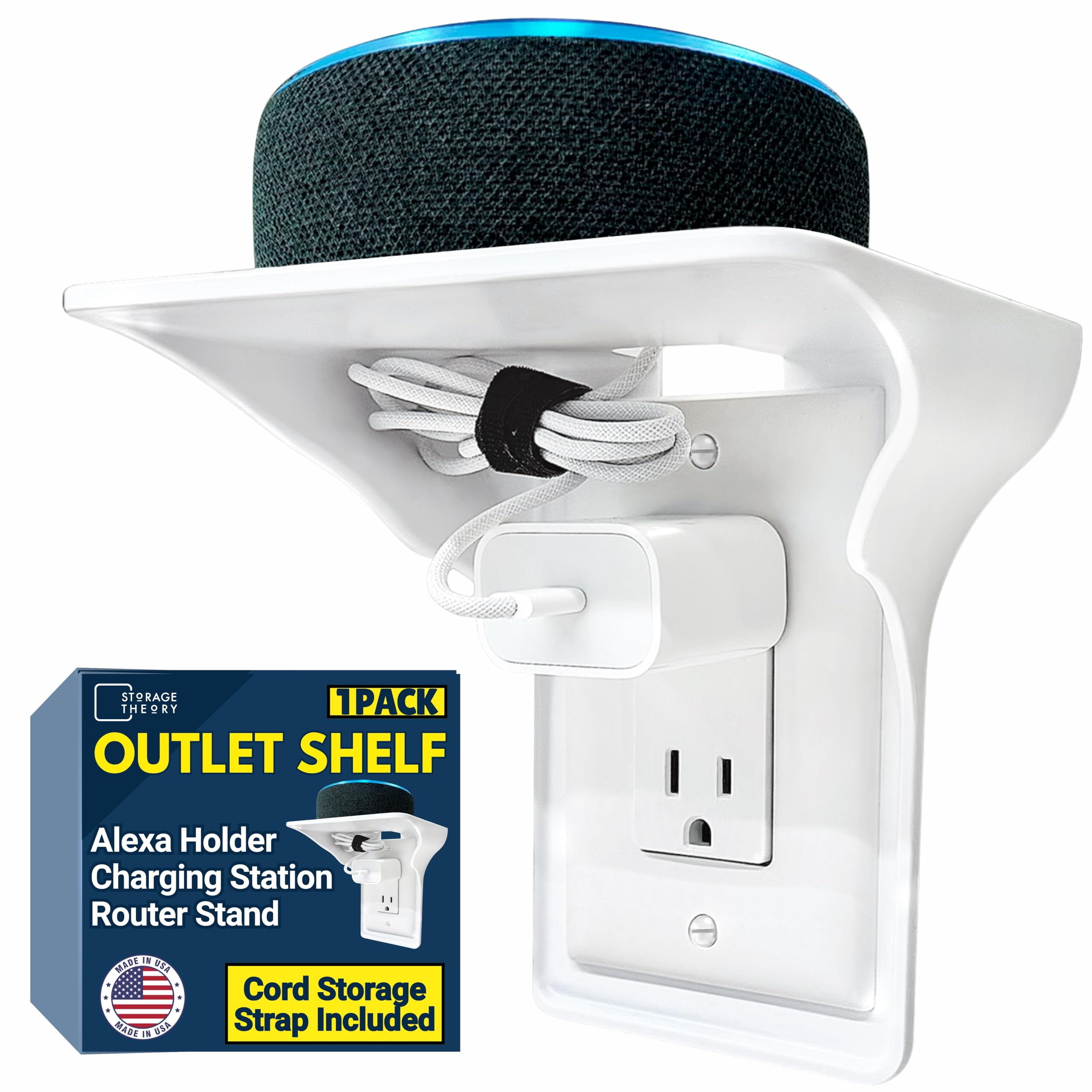 BeraTek Power Perch Wall Outlet Shelf with Cord Storage Strap - Declutter & Reclaim Counter Space - Alexa Holder, Charging Stand, Apple Homepod Mini Wall Mount - White, 1-Pack