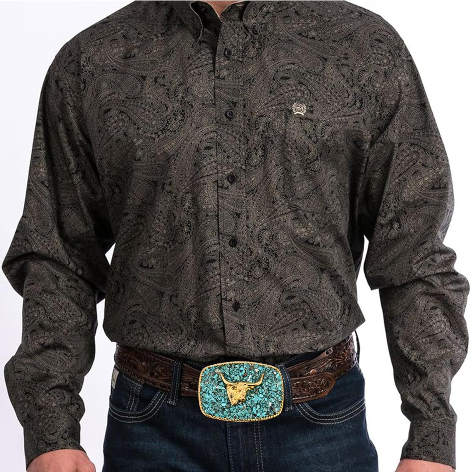 Western Belt Buckle for Men, Antique Golden Horse Belt Buckle with Turquoise Surface Women Halloween Christmas - Image 5