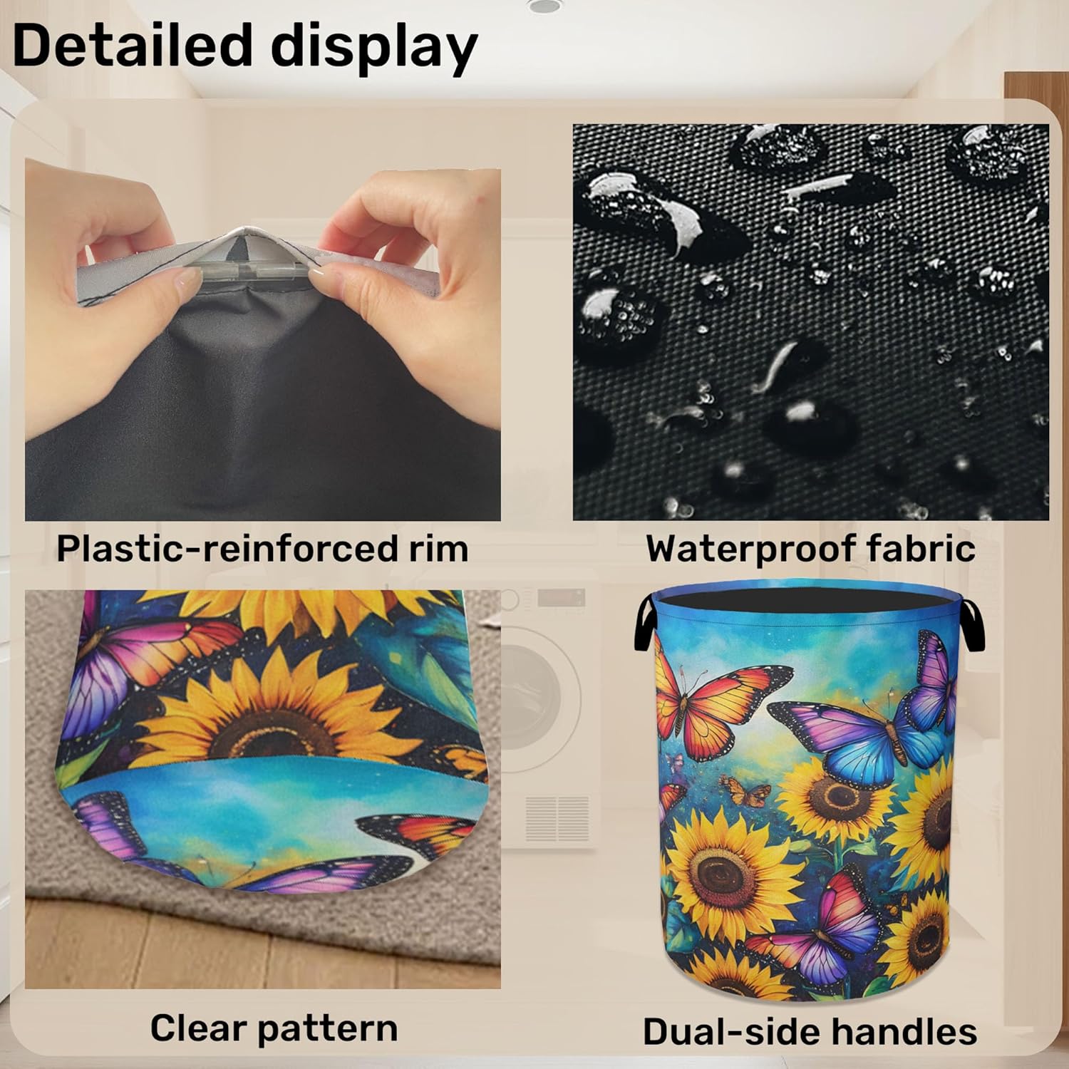 Butterfly Sunflower Laundry Basket, Heavy Duty 60L Dirty Clothes Hamper, Water Resistant Foldable Hamper for Girls Women