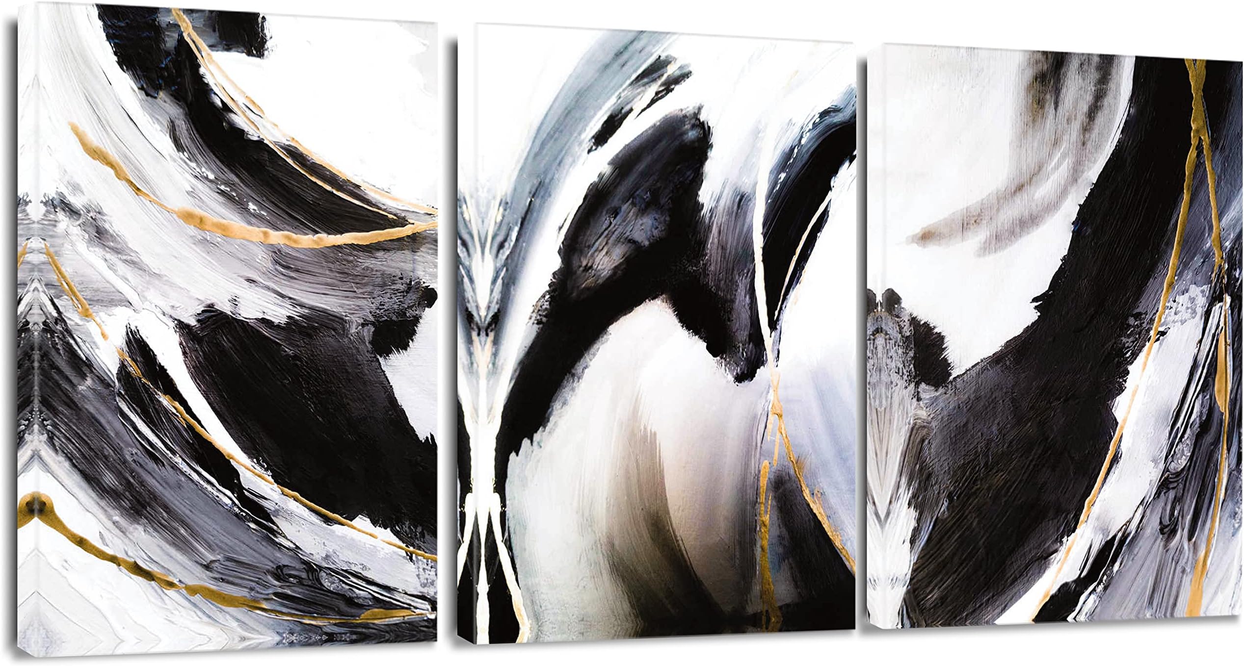 3 Pieces Abstract Wall Art Canvas Prints - Marble Black and White Fluid Ink Picture Painting - Modern Wall Artwork Framed for Gifts Bathroom Living Room Home Office Decor - 30 x 40 CM