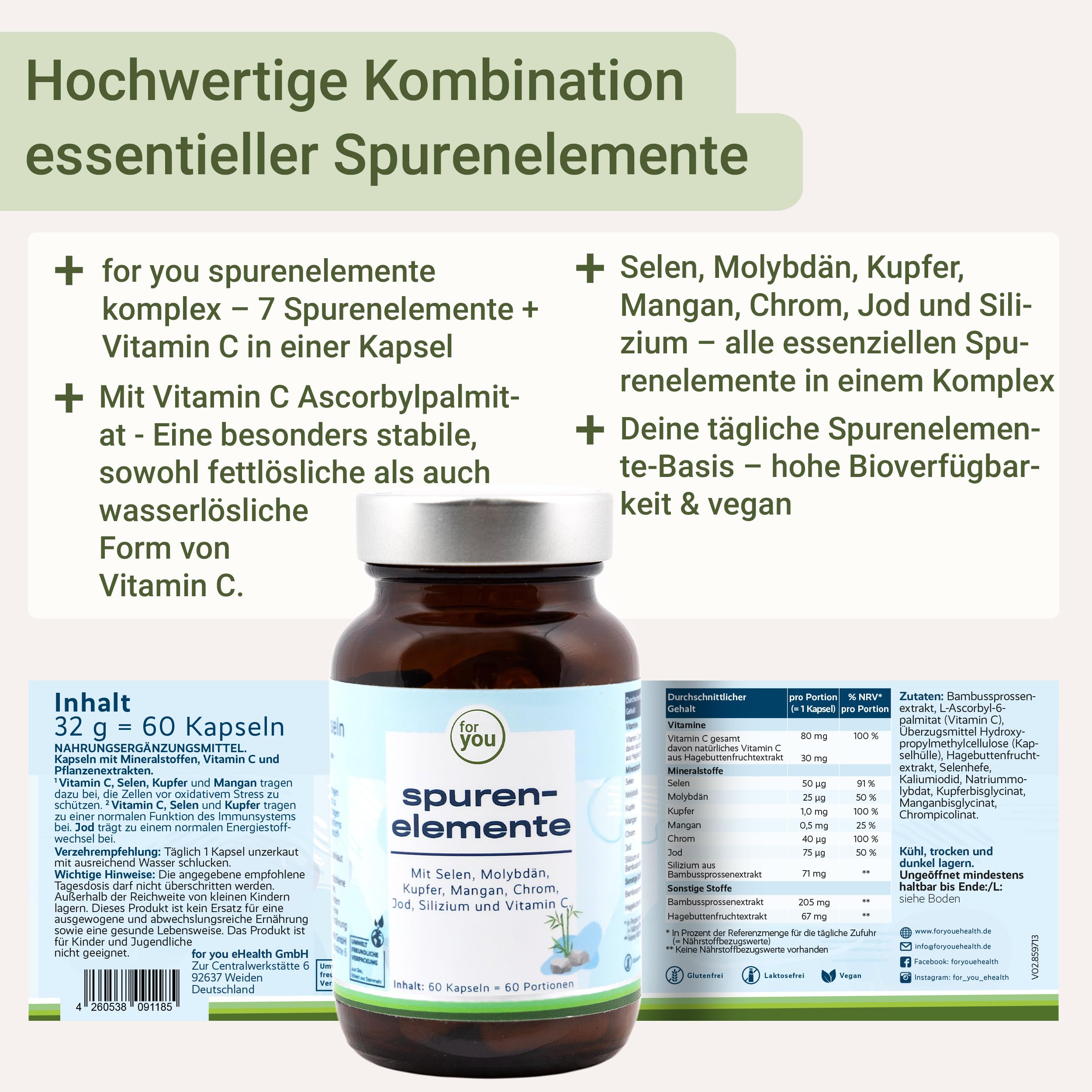 for you spurenelemente komplex 2x60 Kapseln Doppelpack - Multimineral mit Mineralien, Spurenelementen & natürlichem Vitamin C - vegan, hochdosiert - Für Energie, Stoffwechsel & Bindegewebe*