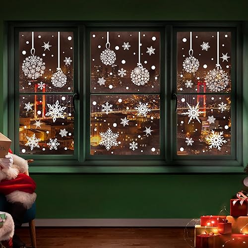 Miniatura 6 de AnyDesign 9 hojas de calcomanías navideñas para ventana, diseño de copo de nieve, calcomanías de doble cara para decoración de ventanas de Navidad,