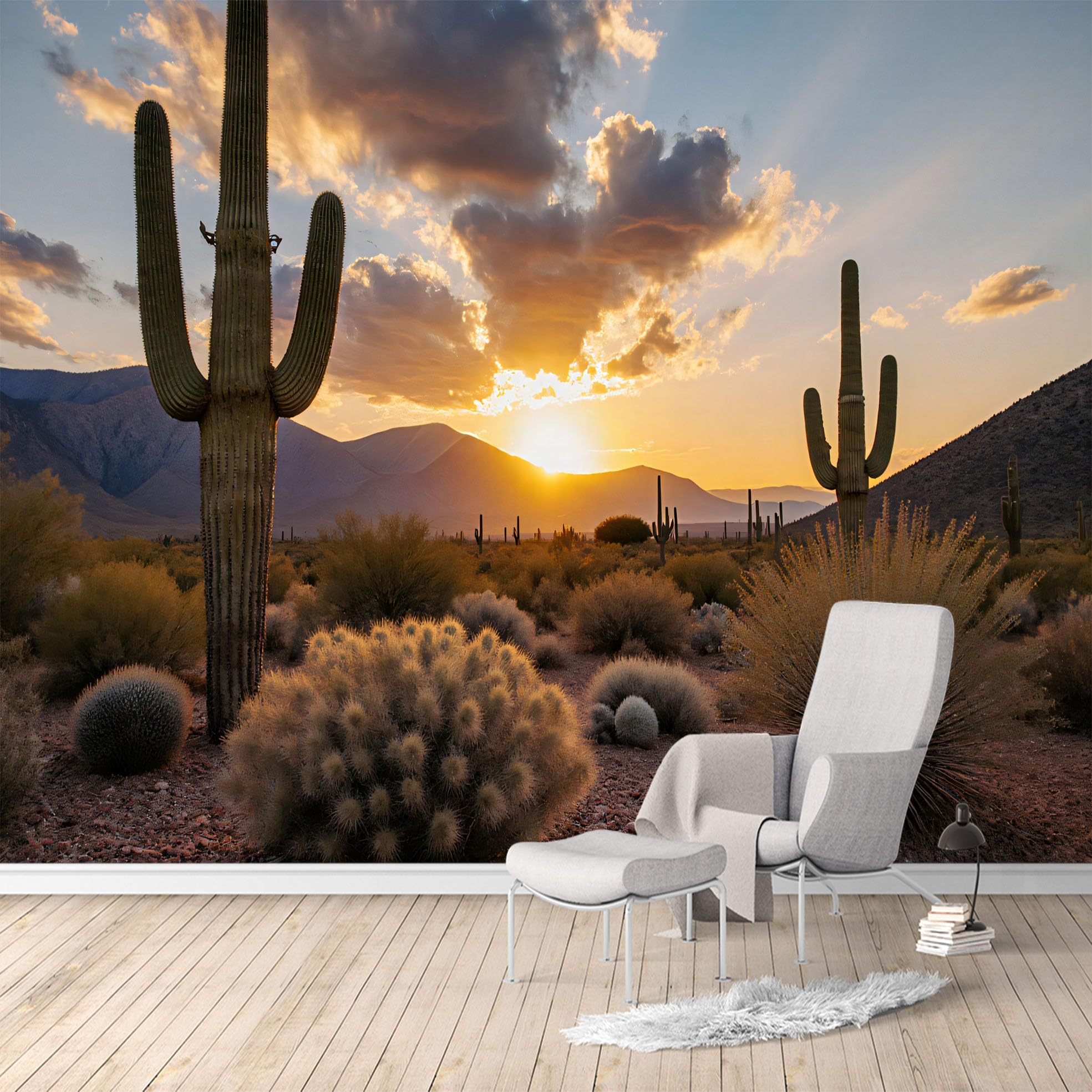 Custom Size Wall Murals, Saguaro Cactus & Desert Sunset Landscape, Removable Self Adhesive Large Wallpaper Mural for Living Room Bedroom Office Home Decor