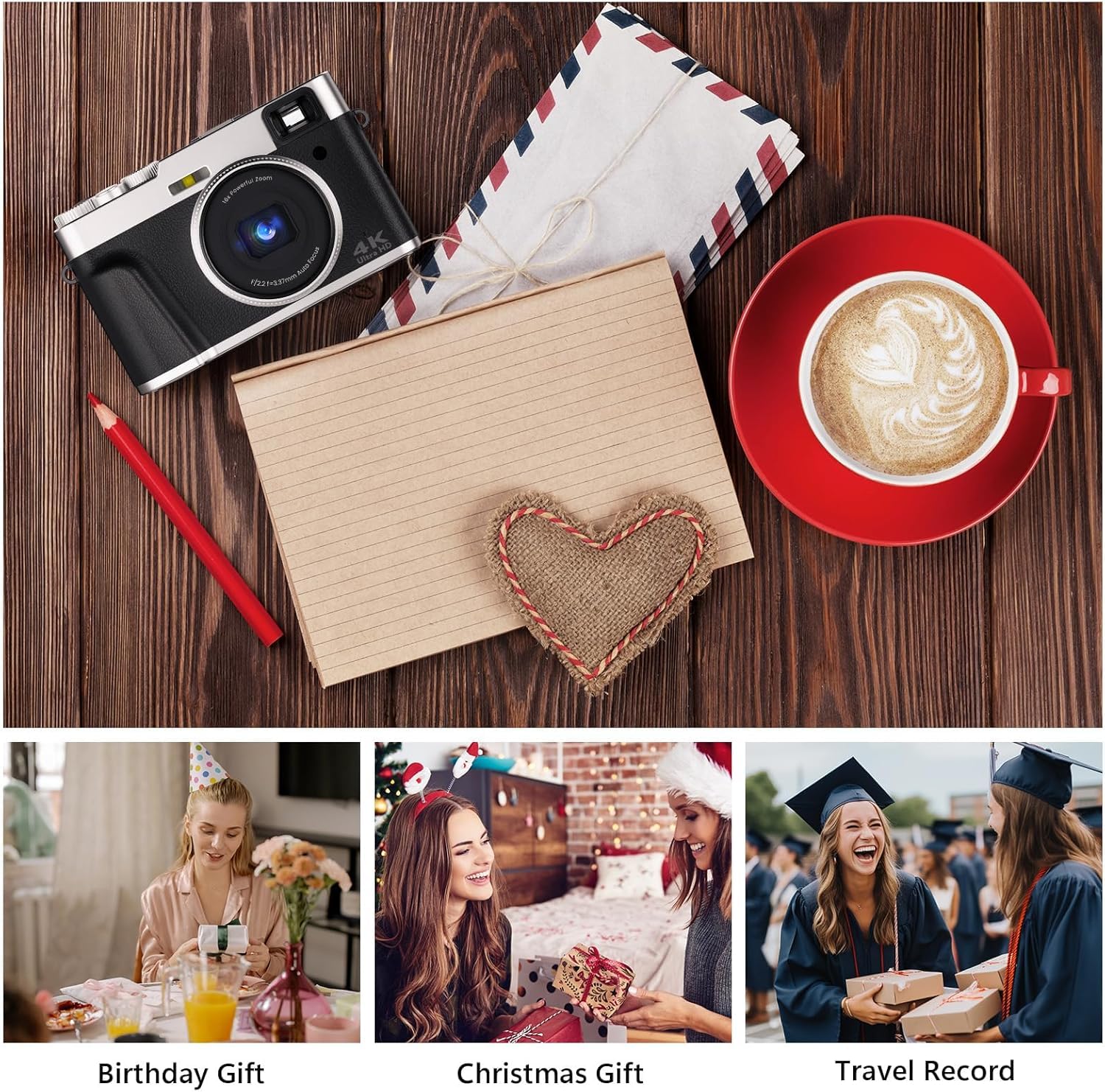 Cámara digital 4K para fotografía, cámaras de vlogging de enfoque automático de 48 MP con zoom digital de 16X, cámara LCD de 2.8 pulgadas para YouTube, cámaras compactas antivibración con tarjeta