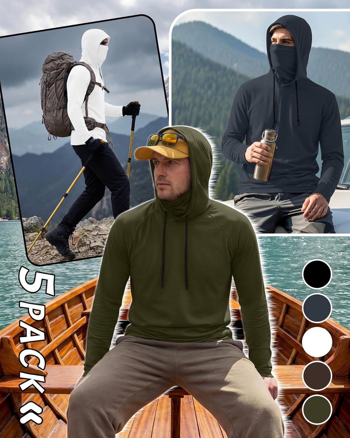 Riyiper 5 Pack Men's Compression Hoodie with Mask Sweatshirt Long Sleeve Lightweight Sports Base Layer Top Active Pullover - Image 4