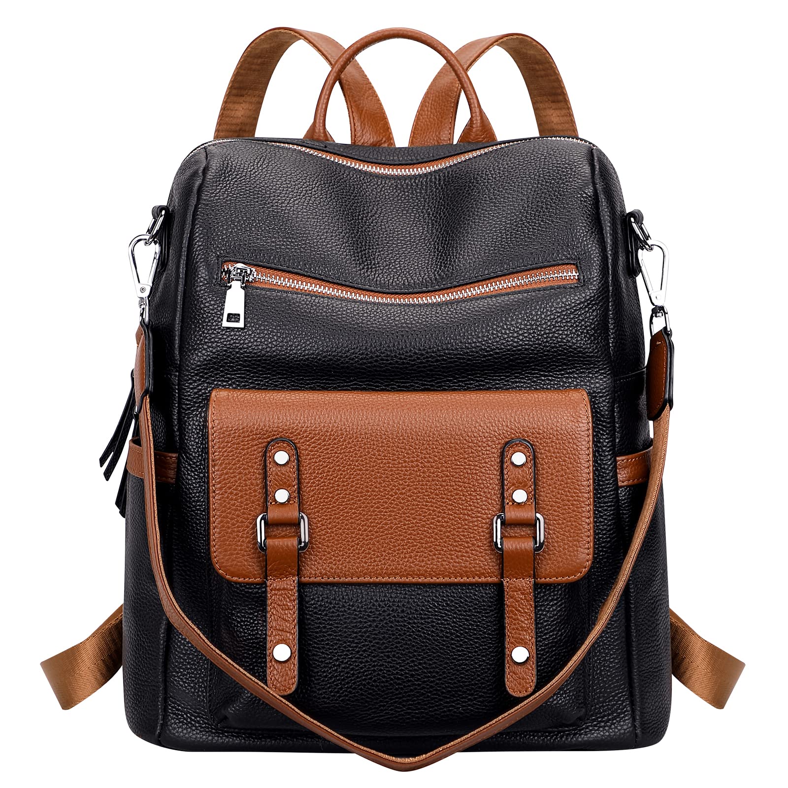 Over Earth Genuine Leather Backpack Purse for Women Fashion Shoulder Bag Ladies Crossbody Handbag(O188E Black/Brown RP)