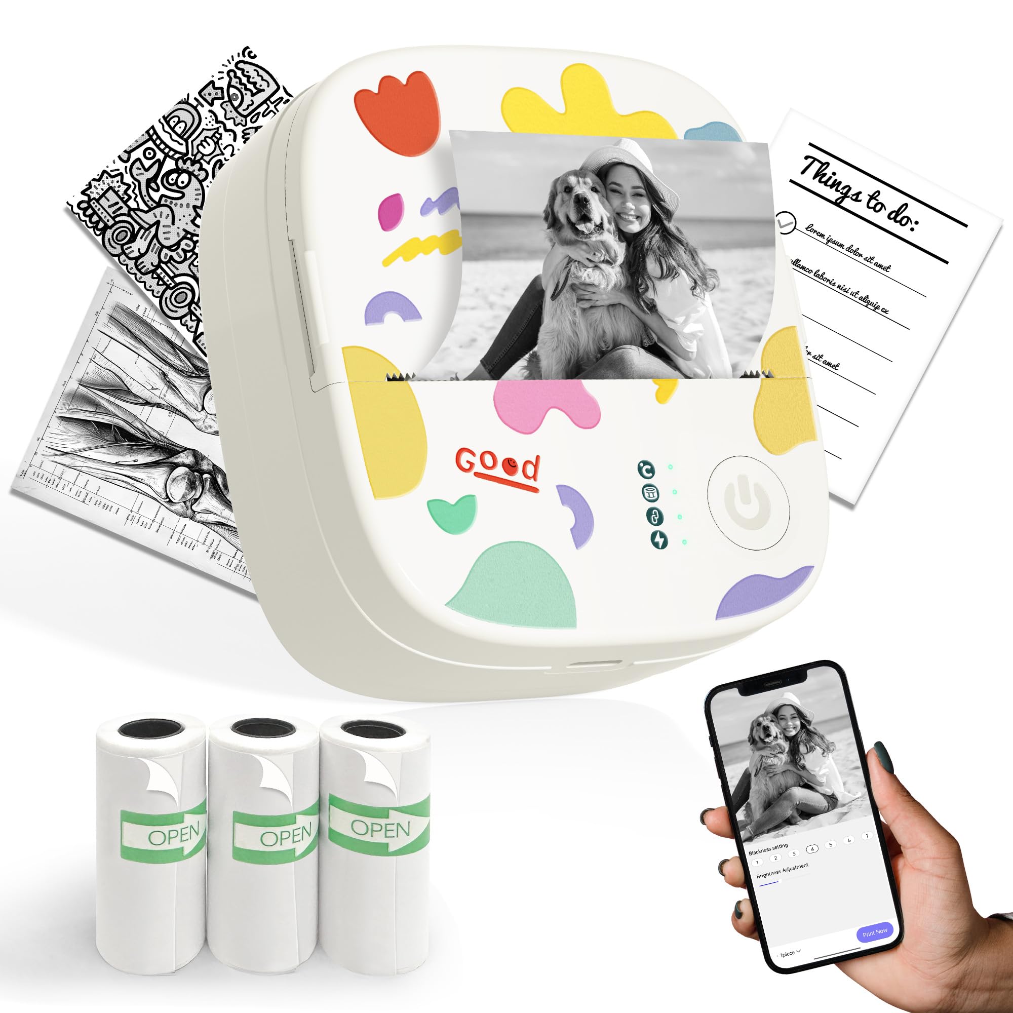 Mini Sticker Printer AHM2, Mini Thermal Printer with 3 Rolls Paper, Portable Bluetooth Inkless Printpods, Pocket Label Maker Suitable for Creative Kids DIY, Diaries, Photos, Study Notes -White