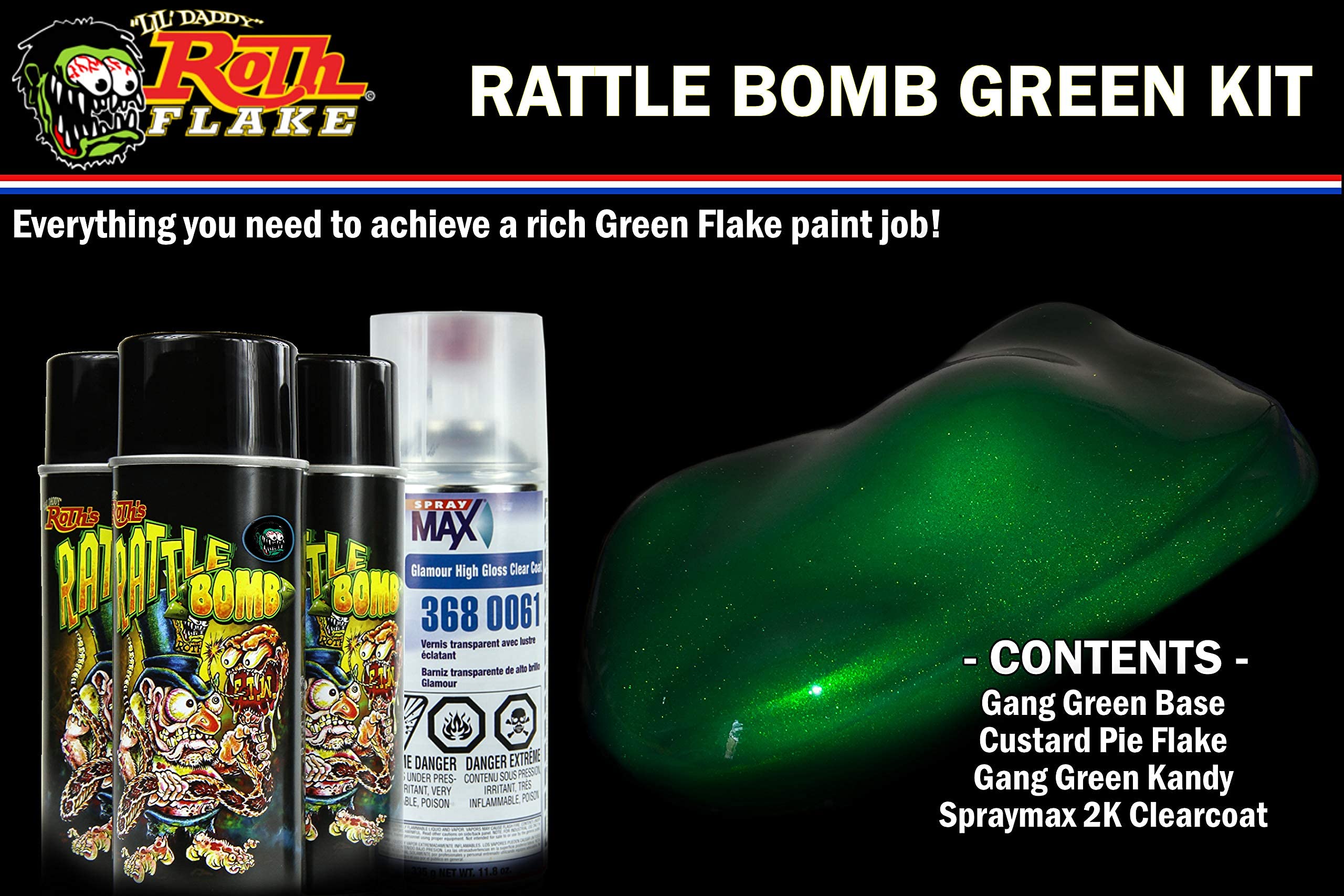 Lil Daddy Roth Rattle Bomb Kit - Green Kit - Aerosol Metal Flake, Basecoat, Kandy, Clearcoat