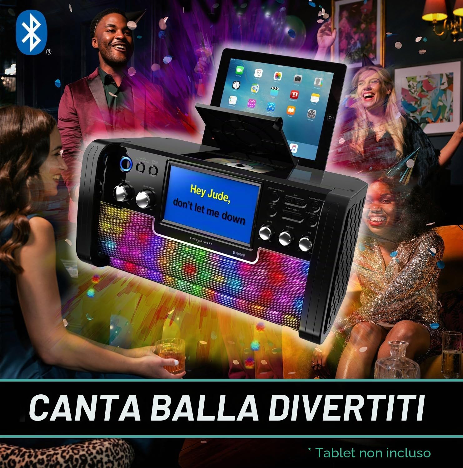 Easy Karaoke EKS780-BT Bluetooth CD+CDG Karaoke Disco Party Machine con altoparlante, 1 microfono, luci LED da discoteca e schermo TFT a colori da 7 pollici
