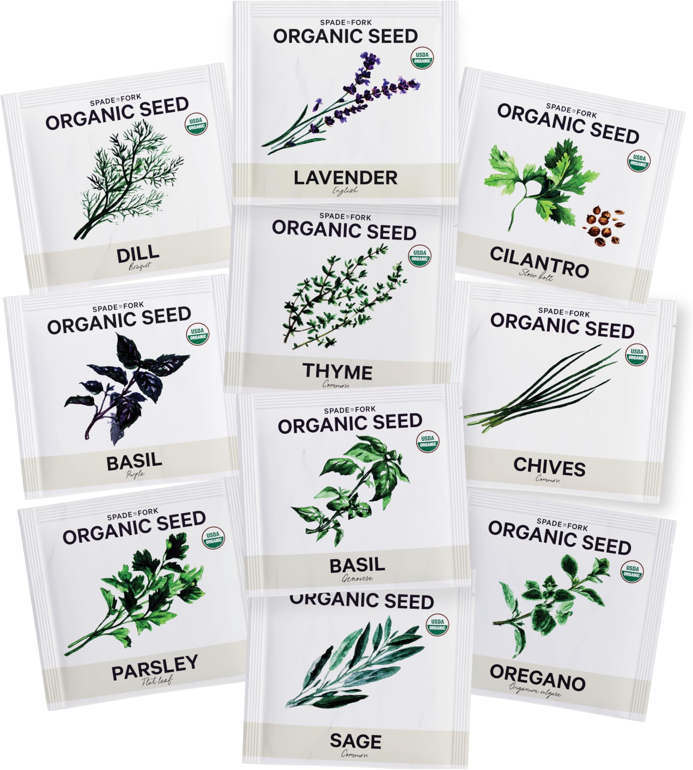 Spade To Fork Certified Organic Herb Seeds Variety Pack (10-Pack) - 6,500+ Non GMO, Heirloom - Lavender, Basil, Thyme, Parsley, Oregano, Sage, Dill, Chives Herbs Seeds for Indoor & Outdoor PlantingUSDA Organic