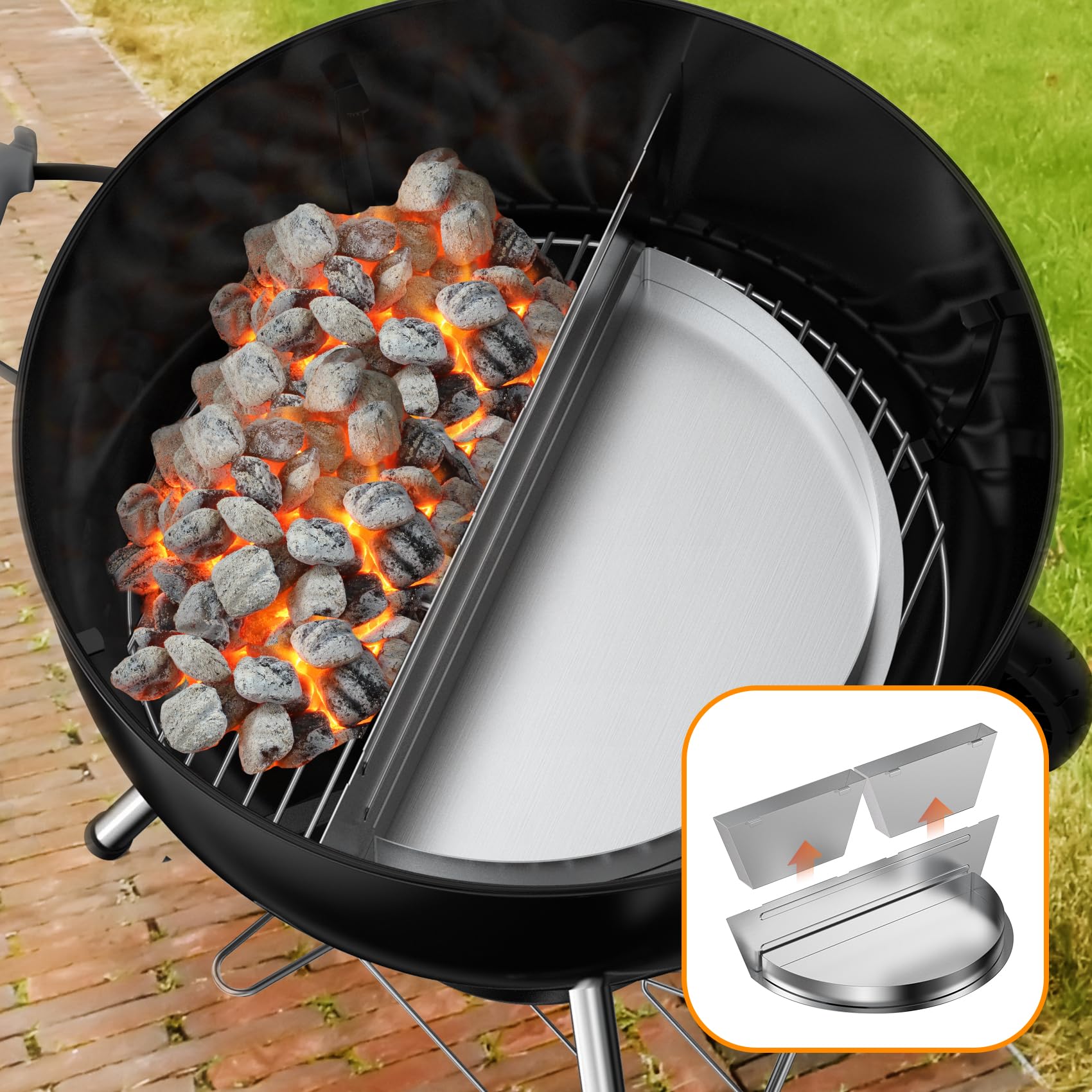 onlyfire Tropfschalen mit Abnehmbarer Wasserreservoir und Holzkohletrenner, Fettauffangschale Gasgrill für Weber 57cm Kugelgrills, Edelstahl Grilltropfschalen, Halbrund