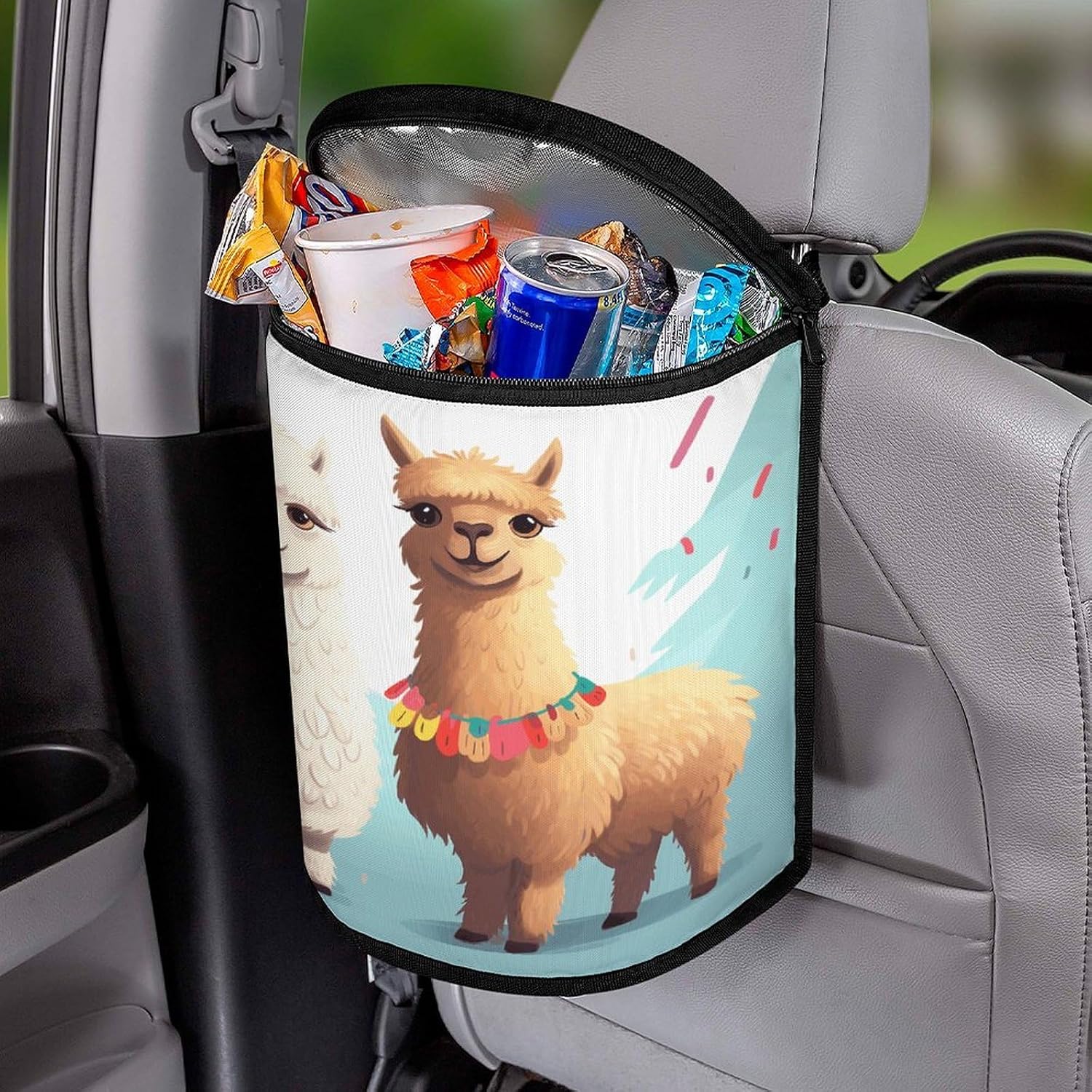 Llama Alpaca Car Trash Can with Lid & Zipper Hanging Garbage Bin Waterproof Leakproof Car Garbage Can Portable Automotive Waste Basket Bin Reusable Car Garbage Bag for All Vehicle