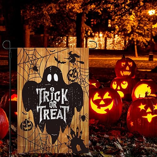 Miniatura 4 de CVHOMEDECO. Banderas de castillo de Halloween de doble cara para jardín, calabazas, fantasmas, murciélagos, decoración al aire libre, resistente a