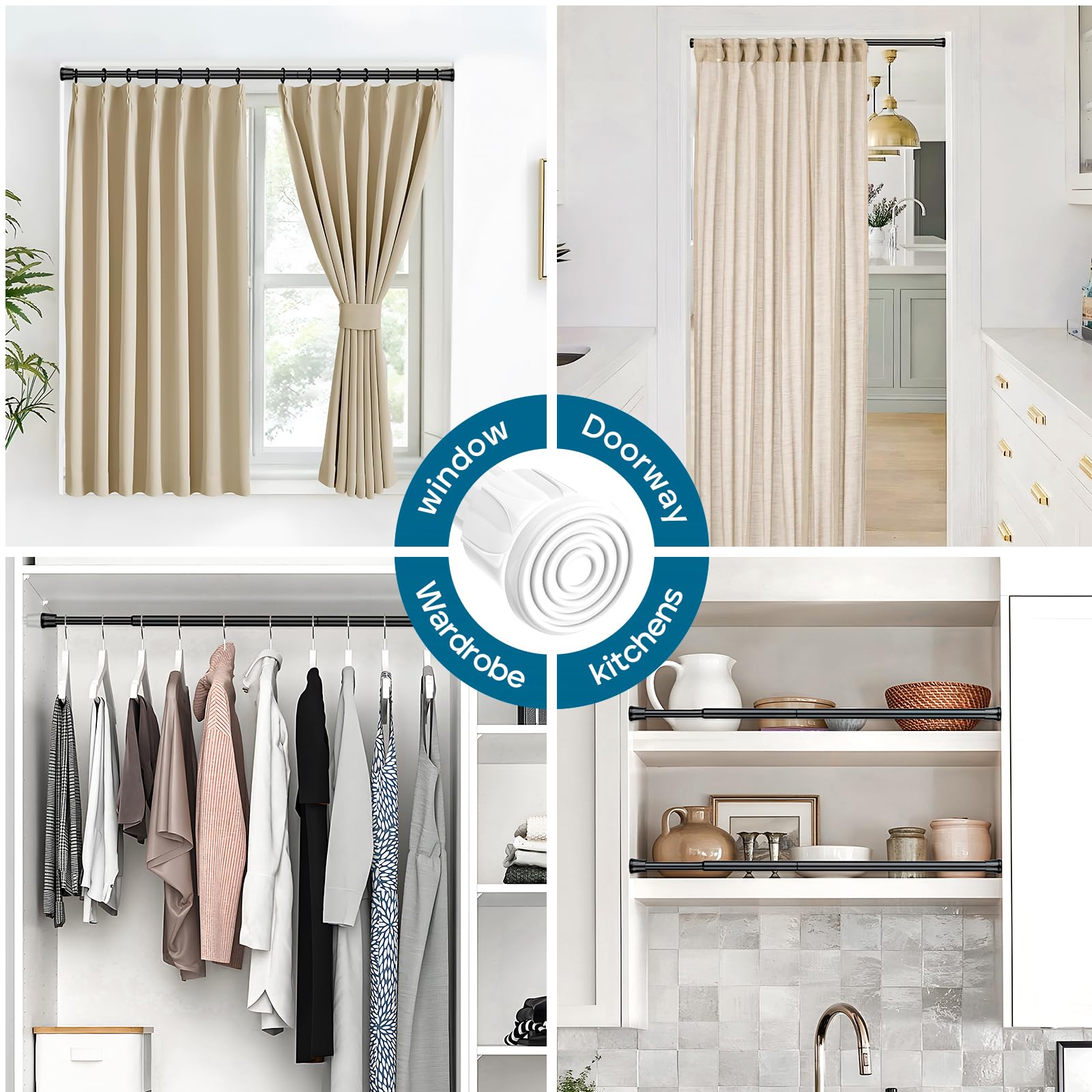 AIZESI Lot de 4 tringles à rideaux extensibles et réglables de 71 à 122 cm pour fenêtre, porte, placard, salle de bain, cuisine - Noir