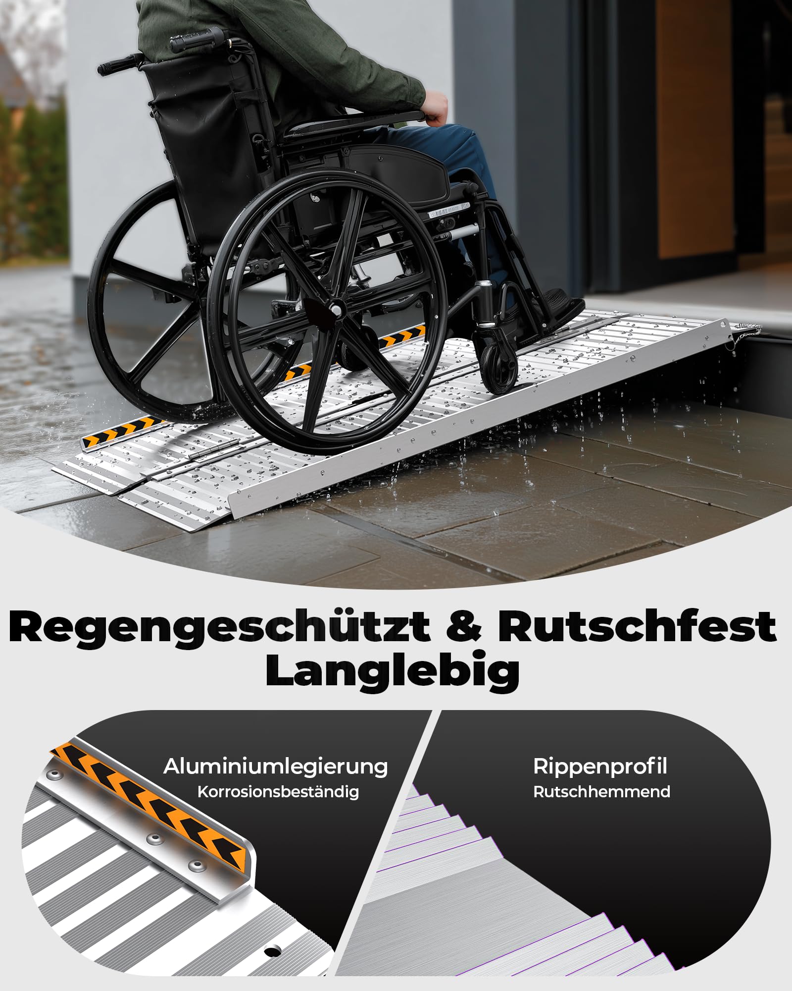 FACHNUO Klappbare Rollstuhlrampe 91,5CM Schwellenrampe, 362KG Traglast, rutschfeste Extrabreite 74CM - Tragbare Aluminiumrampe für Treppen, Stufen, Türen, Eingänge