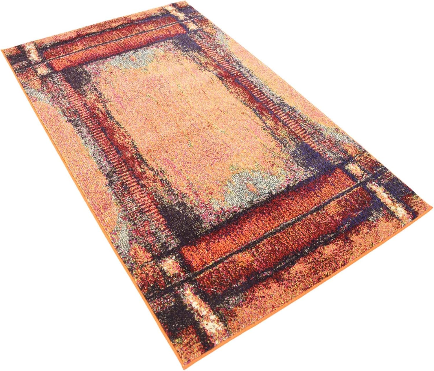 Orange and Black Rectangular Stain-Resistant Synthetic Rug
