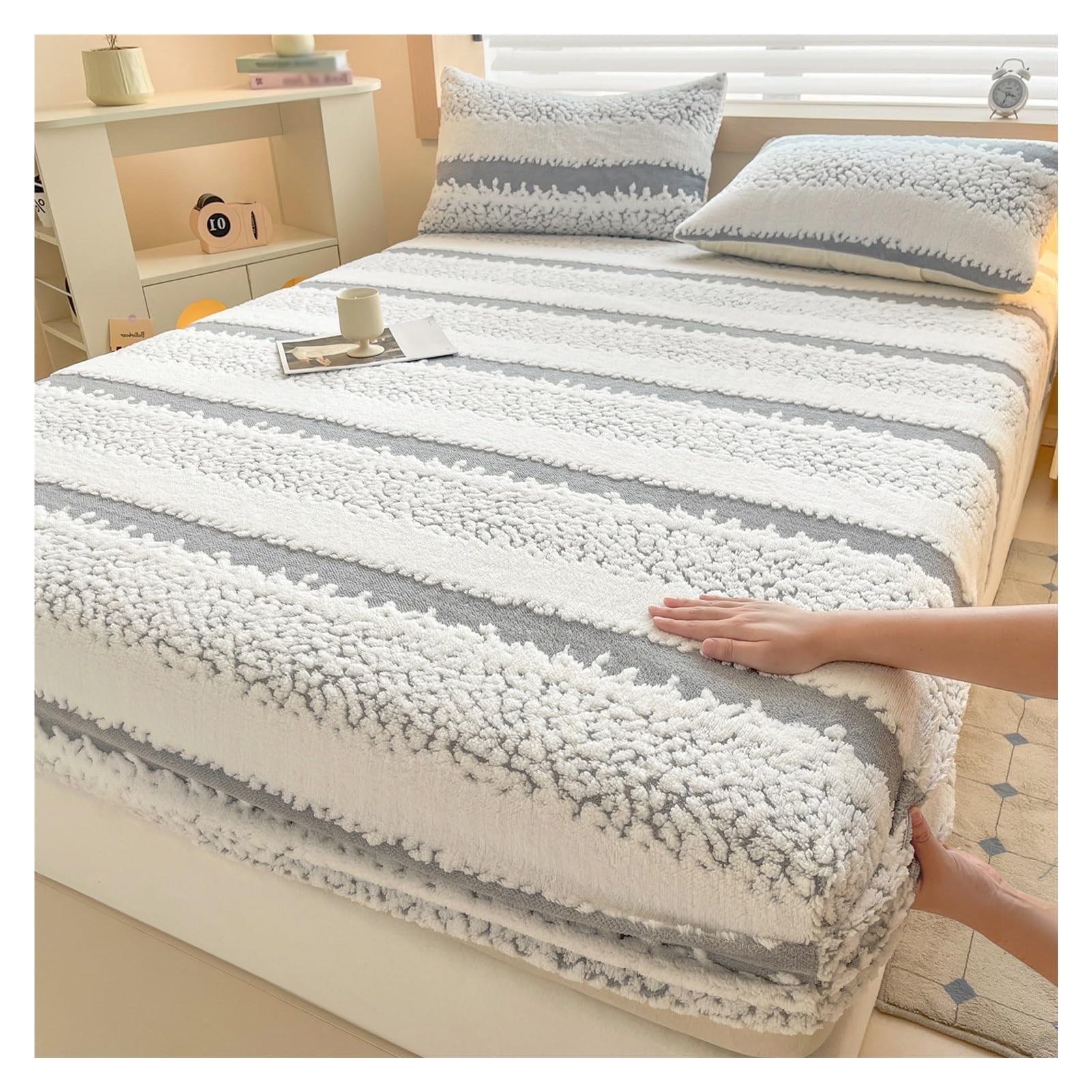 Parure de lit en velours d'exception gris 180x200 avec bonnets de 30,5 cm