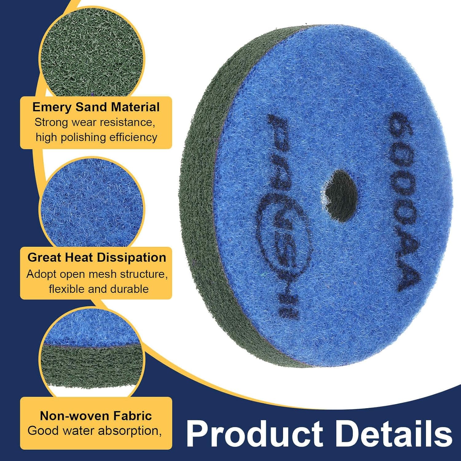 HARFINGTON Diamond Sponge Polishing Pads 3" Dia 6000 Grit Emery Sand Fiber Polishing Pad Wet Use Buffing Pad for Stone Concrete Marble Grinder Polisher Buffing Wheel, Blue Dark Green