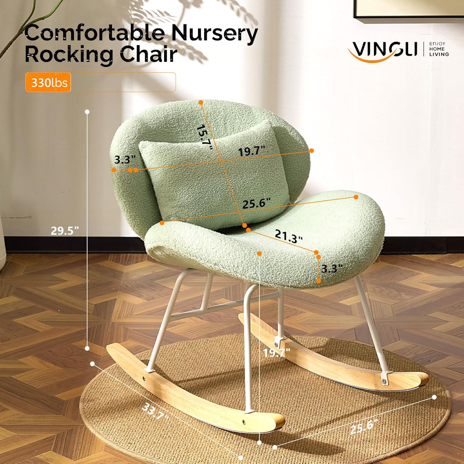 VINGLI 25.6" Extra Wide Nursery 115° Armless Rocking Chair, Curved Cute Cross-Legged Glider Chair with Pillow & Solid Wood, Nursing Chair for Bedroom, Living Room, Teddy Fleece, Mint Green