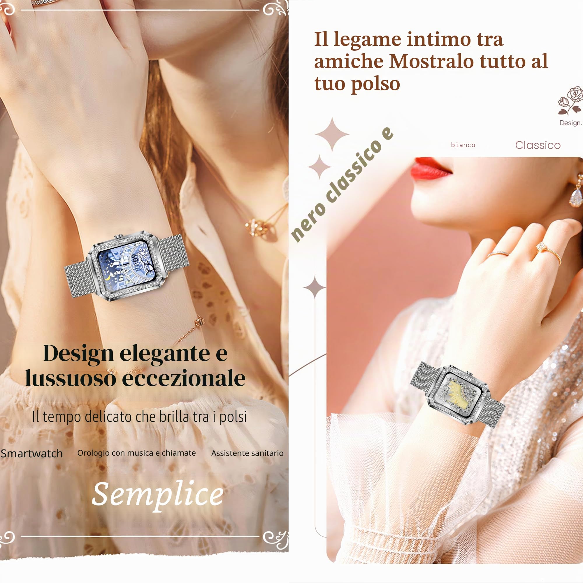 Smartwatch Donna Chiamata Bluetooth e Risposta Vivavoce, Smart Watch con Diamond Contapassi Cardiofrequenzimetro 123 Modalità Sport Orologio Fitness Tracker per Android iOS (Argento)