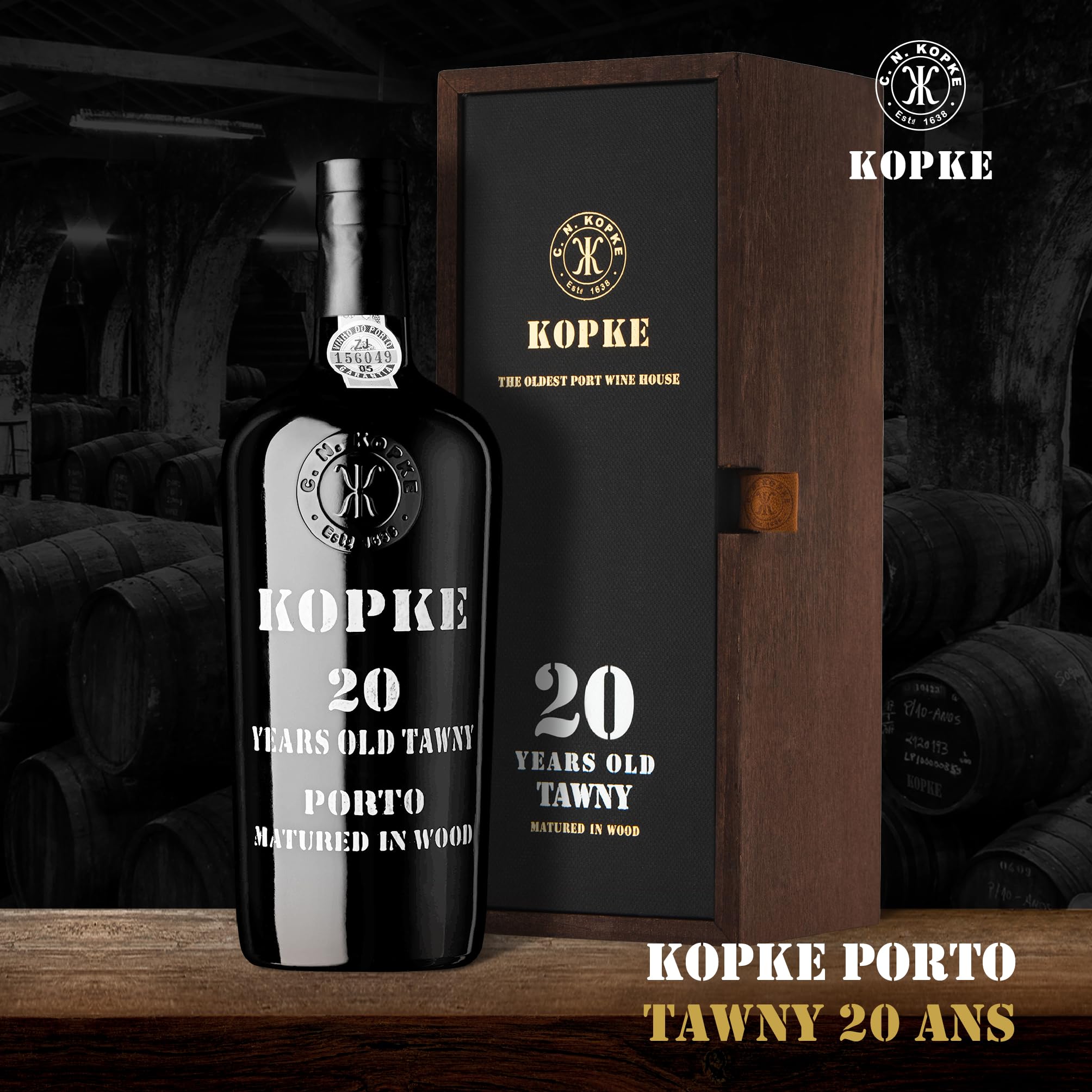 Kopke Porto Tawny 20 Ans – Vin de Porto Rouge Raffiné Vieilli en Fût de Chêne | Vin de Dessert Récompensé | Bouteille Élégante de 0,75L (20% Vol.) dans un Coffret Cadeau en Bois