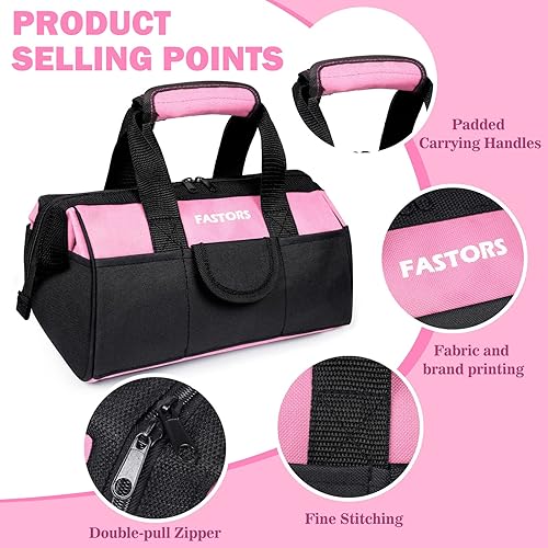 Vista 3 de Bolsa de herramientas rosa para mujer con doble cremallera de 13 pulgadas de ancho de boca, bolsa de herramientas con 8 bolsillos exteriores y 2