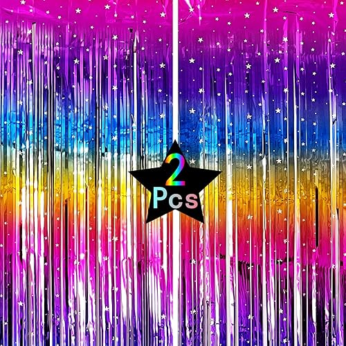 Miniatura 11 de Paquete de 4 cortinas de flecos de lámina de arcoíris neón brillante, telón de fondo, serpentinas metálicas, accesorios para cabina de fotos para