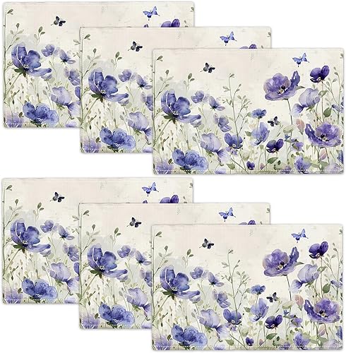 Vista 126 de Juego de 4 manteles individuales botánicos con diseño de flores, plantas botánicas, hojas de flores, rústico, floral, impermeable, lavable