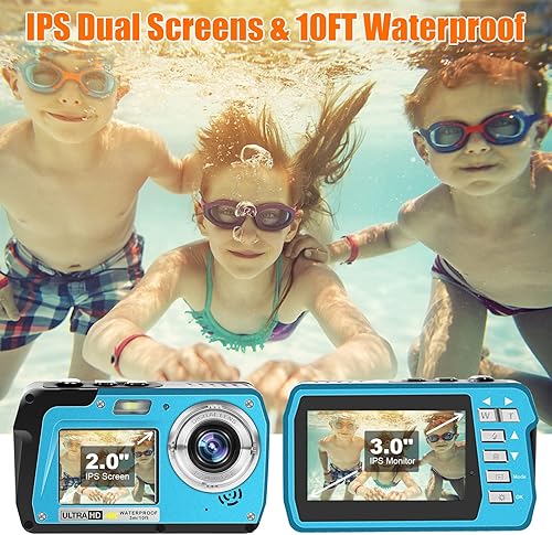 Miniatura 4 de Cámara impermeable 4K30FPS con tarjeta de 32 GB, cámaras submarinas de 56 MP, grabadora de video UHD IPS de doble pantalla (3"2 pulgadas), selfie,