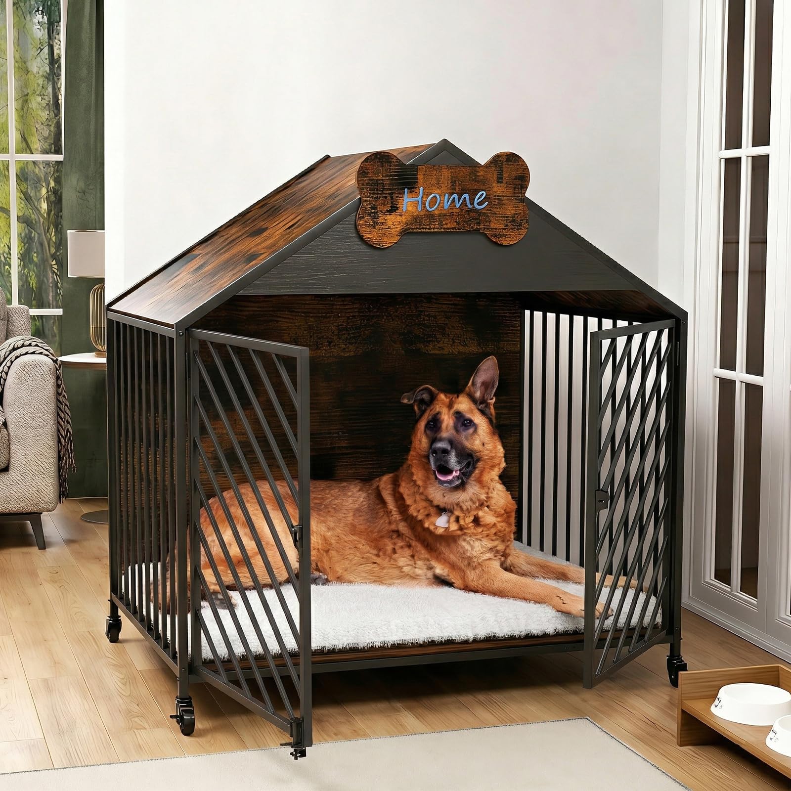 Hundekäfig Möbel, 100 cm Hundebox, Kissen, Rollen, Haustier-id | Hundeschrank für Groß Hunde, Moderne Hundebox für Zuhause, Abschließbar Tür hundekiste, 100×63×94 cm