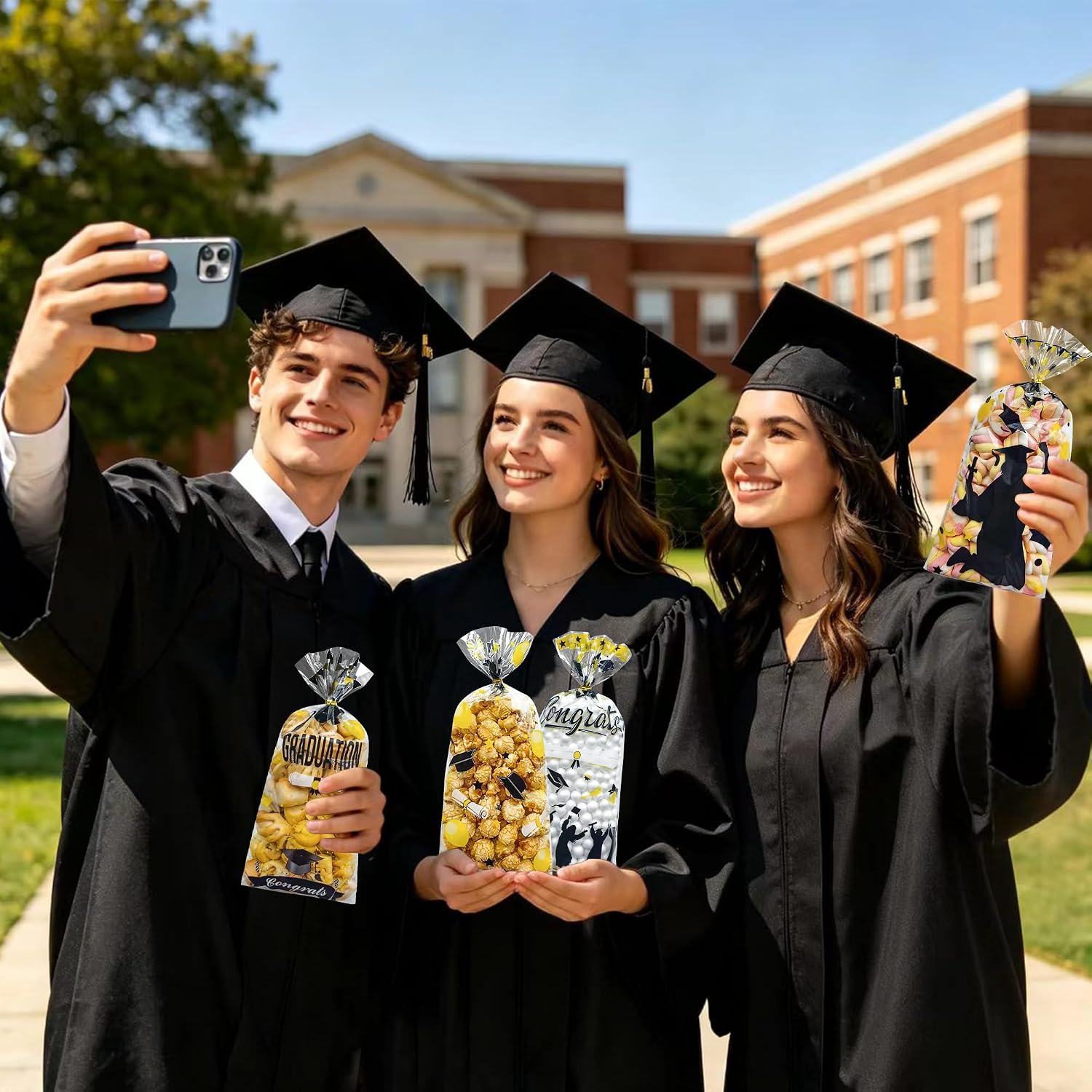 Soarvita 50PCS Graduation Cellophane Treat Bags: Congrats Grad Goodie Bags with 60 Gold Twist Ties, Clear Candy Bag for Graduation Party Favors, Cookies, Popcorn, Gifts (Black Gold)