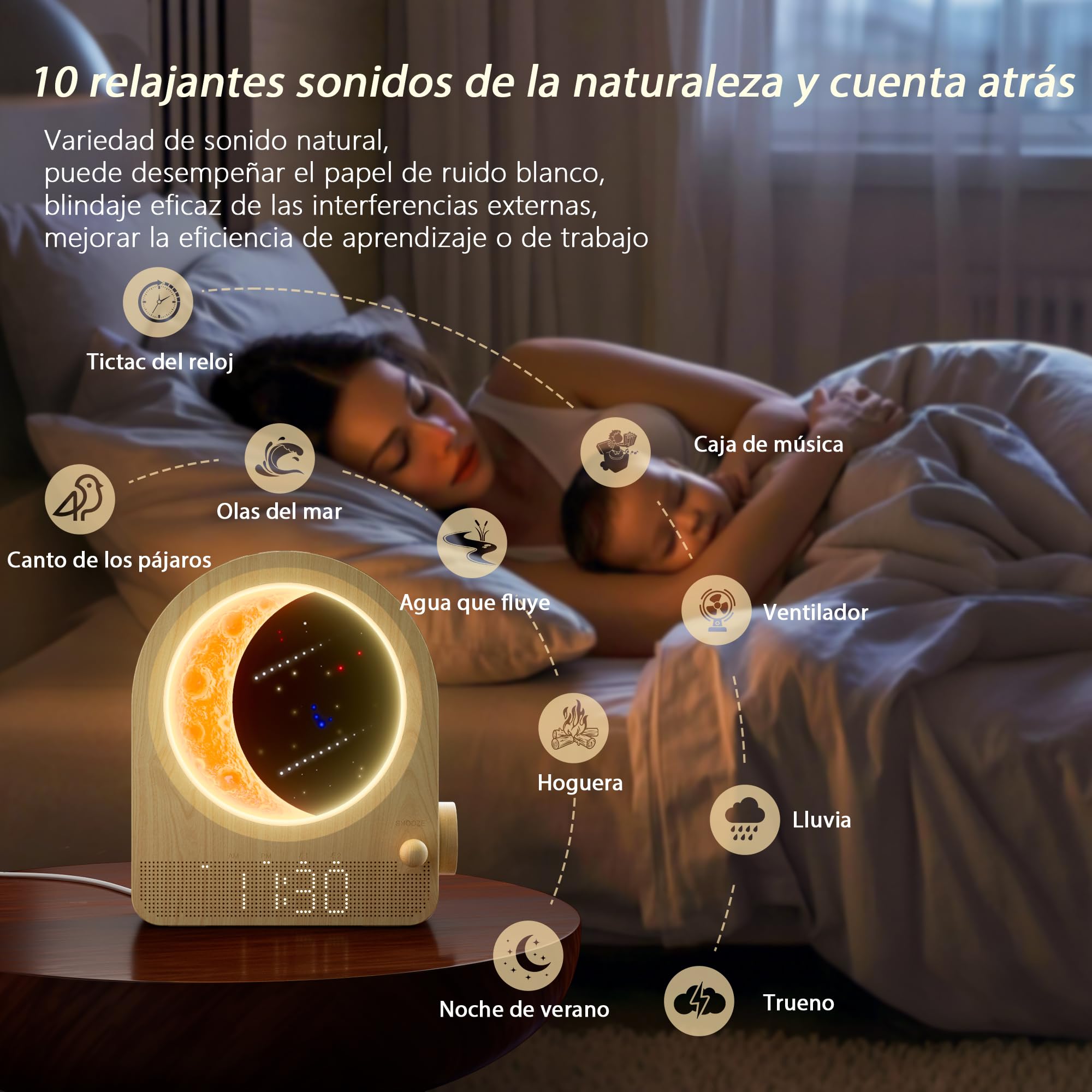blonbar Reloj Despertador,Lámpara de Luna,10 Sonidos Naturales | 2 despertadores, 3 niveles de brillo, 10 sonidos naturales, luz nocturna regulable para dormitorio