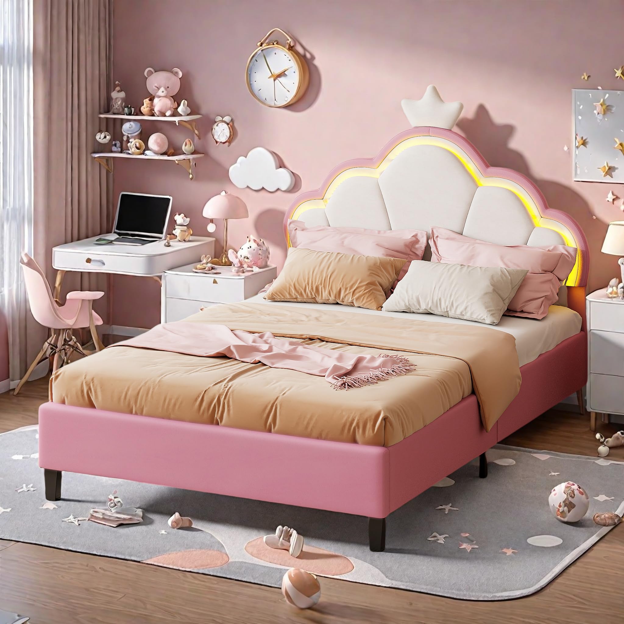 Cama para Niña 90x200 con LED RGB, Cama Infantil con Cabecero Nube Ajustable en Altura, Terciopelo Suave, Somier de Láminas de Madera, Blanco, Rosa, Cama Infantil niña, para Habitación Infantil
