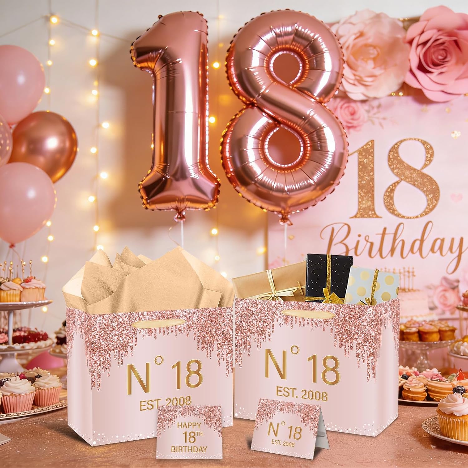 18th Birthday Gift Bag with Tissue Paper and Greeting Card N°18 EST.2008 18th Birthday Gifts Wrapping Paper Bag for Girls, 18 Year-Old Present Wrap Bday Decorations Supplies image 5