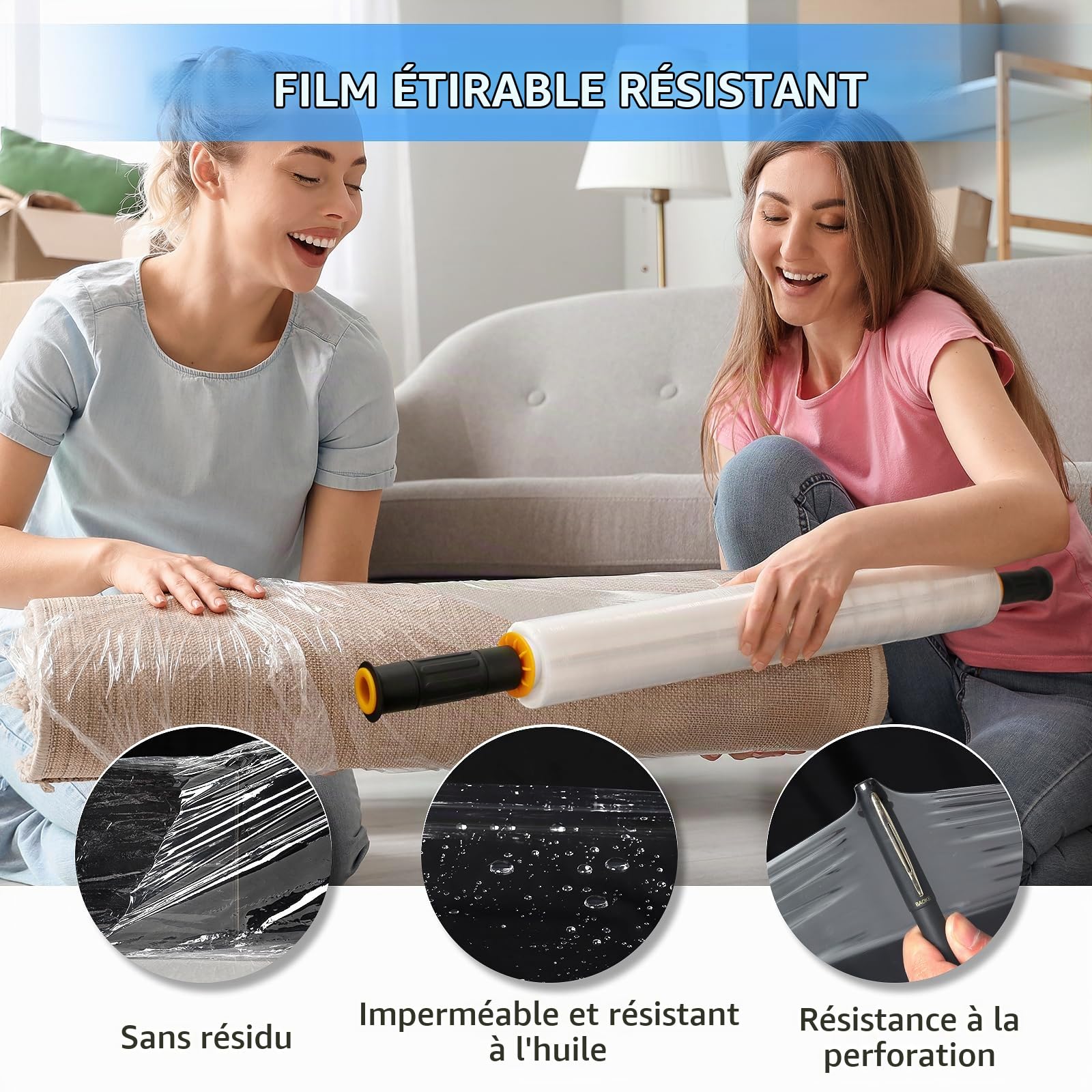 Film Etirable Demenagement, 20 µm Film Plastique Emballage Film Palette avec Poignée de Roulement en Plastique, pour Emballage et Déménagement (Transparent/38cm x 300m, 1 Rollen)