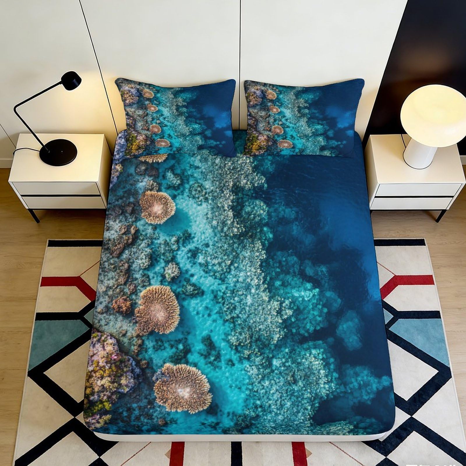 3D Printed Coral Reef Fitted Sheet Microfiber Soft Ocean Blue Mattress Cover Anti-Slip for Bedroom Guestroom Decor 140x200x25cm