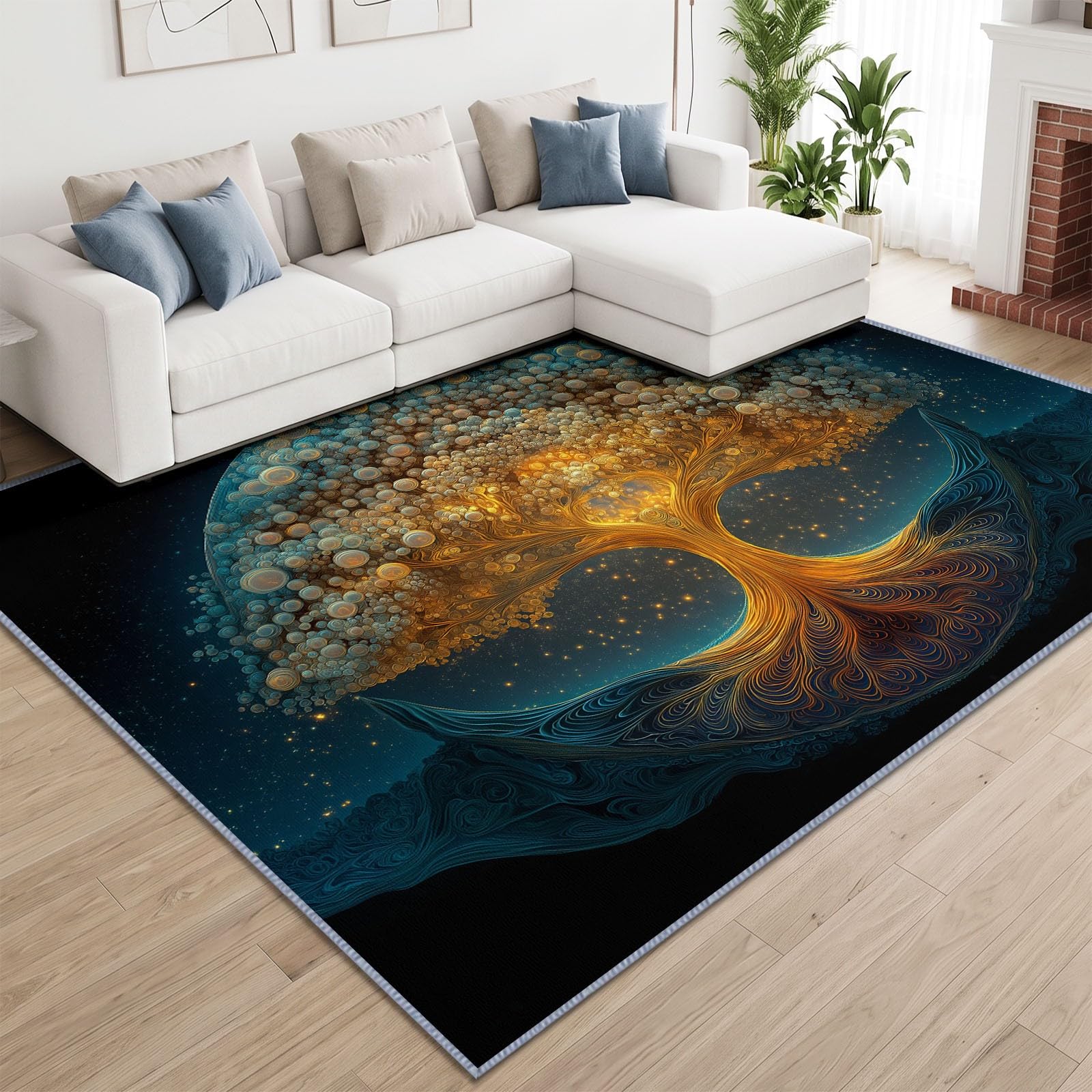 Alfombra de salón, 160 x 230 cm, diseño de árbol de la vida brillante, alfombra de dormitorio, suave y antideslizante, de arte fantástico, lavable a máquina, felpudo, para salón, cocina, pasillo y