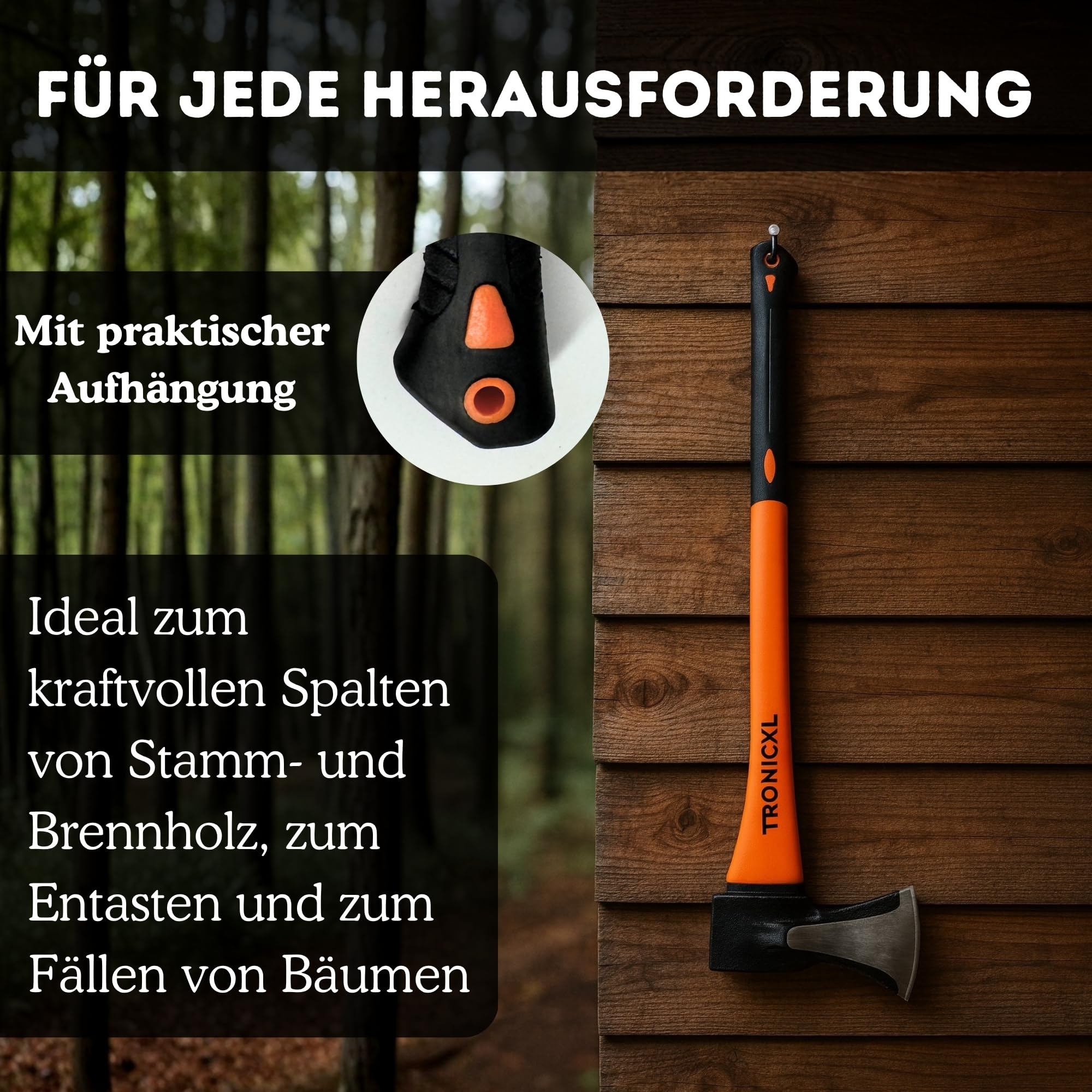 TronicXL Axt Beil 2000 g Spaltaxt groß - Vibrationsarmer Stiel aus Fiberglas - Gummiertes Griffende - Zur präzisen Bearbeitung von Holz/mit Schneidschutz/Spaltbeil/Camping