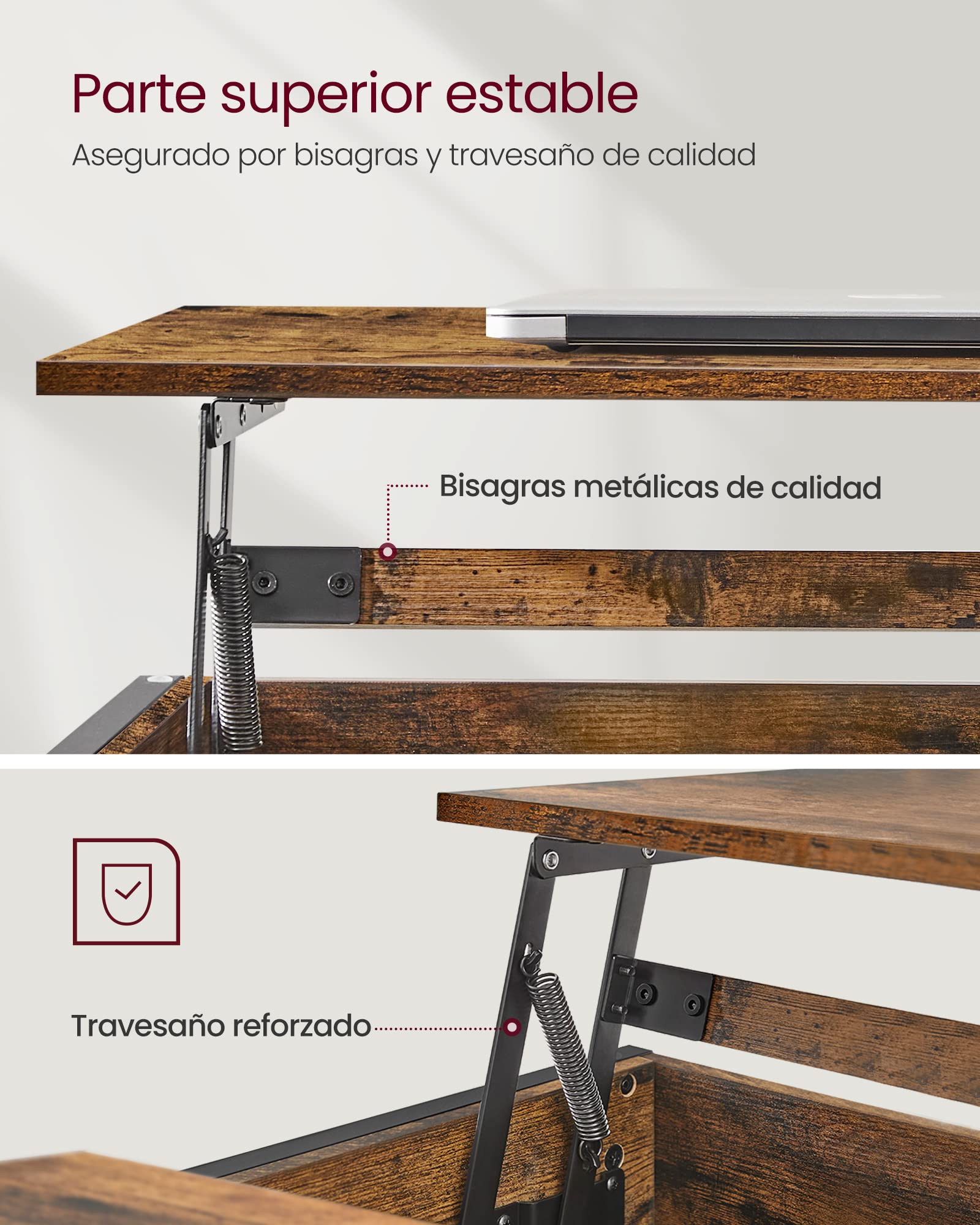 VASAGLE Mesa de Centro, Mesa de Café con Tablero Elevable, para Dormitorio, con Espacio Abierto y Oculto, Barras en Forma de X, 60 x 100 x (48-62) cm, Marrón Rústico y Negro LCT205B01