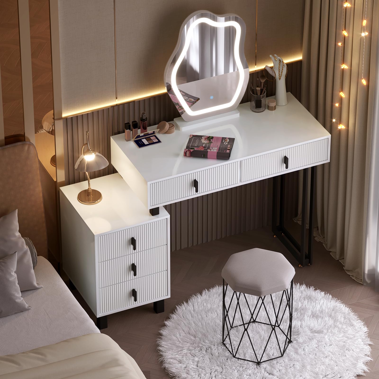 WOLTU Toeletta con Luce LED, Luminosità Regolabile, Specchio a Nuvola, Piano Lucido, 5 Cassetti in Legno Massiccio, 1 Cassettiera, Moderno, Bianco e Nero
