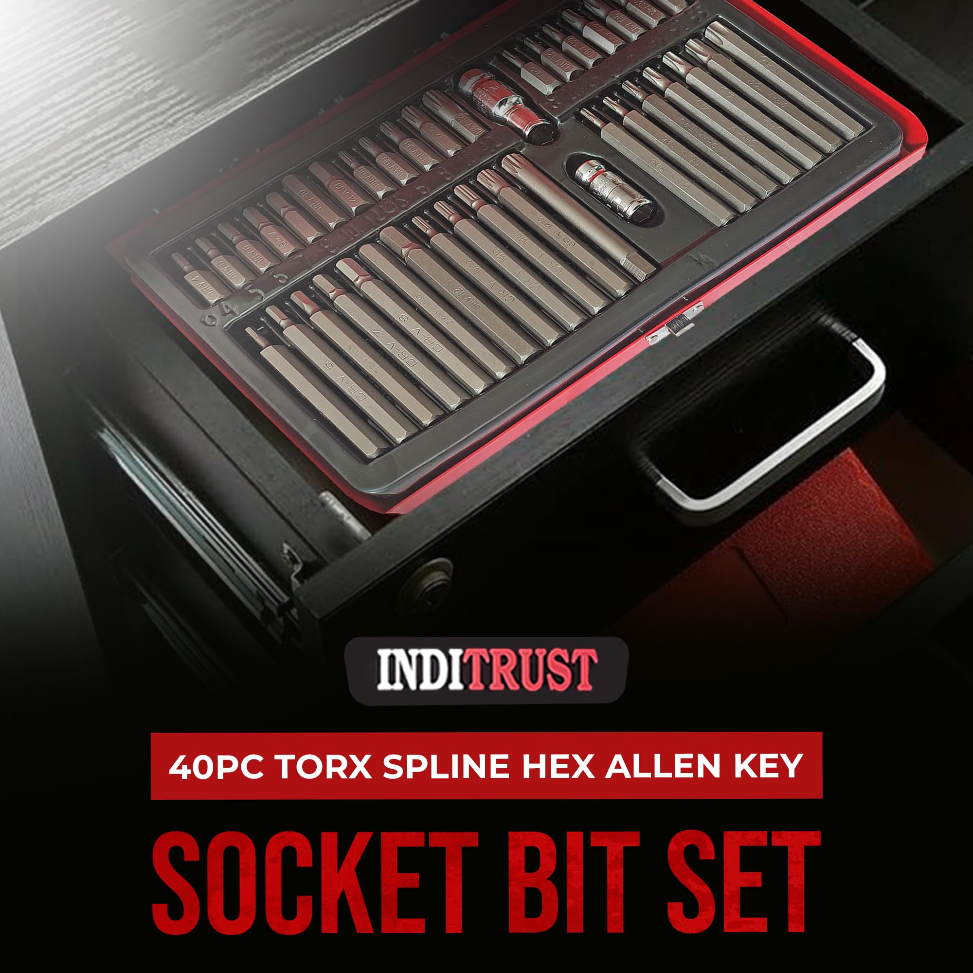 Inditrust 40pc Torx set Star Spline set Hex Allen Key Socket Bit Set 3/8 & 1/2 Drive Alan T20-t55 Socket Set (Pack of 40) (METAL BOX) 2