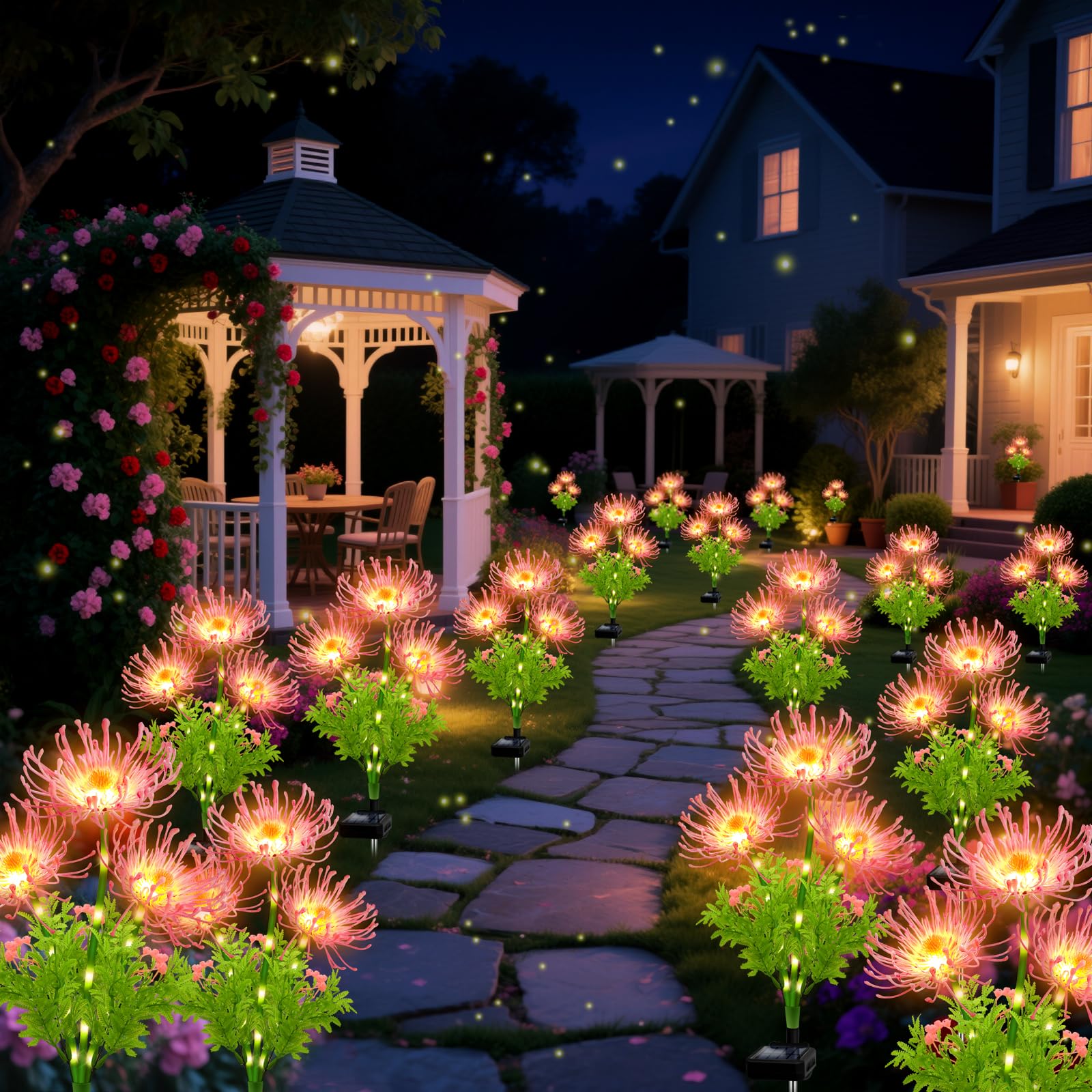 Luces solares para exteriores, lirio araña rosa, paquete de 4 luces de flores de jardín impermeables de 12 cabezas con tallos brillantes, decoración decorativa de patio y césped, regalos de Navidad y