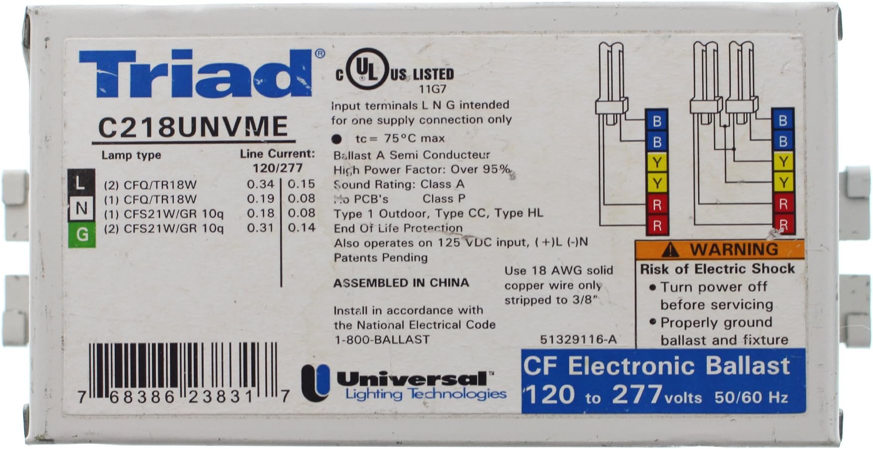 Universal C218UNVME Compact Fluorescent Ballast, 2-Lamp, 18W CFQ CFL, 120/277V