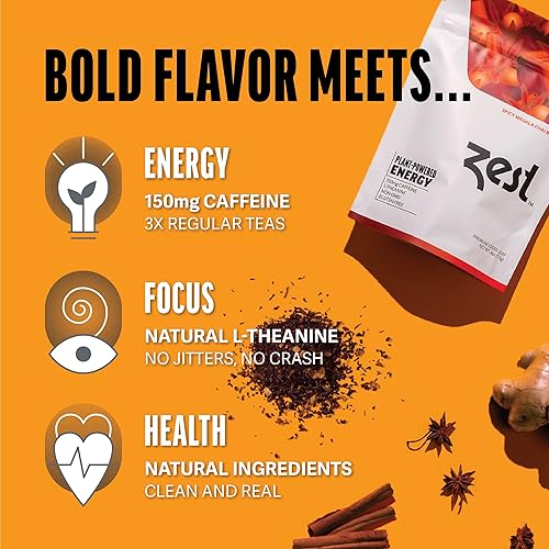 Miniatura 79 de Zest Tea - Té caliente premium de energía, mezcla de alta cafeína natural y saludable sustituto del café negro tradicional, 150 mg de cafeína por