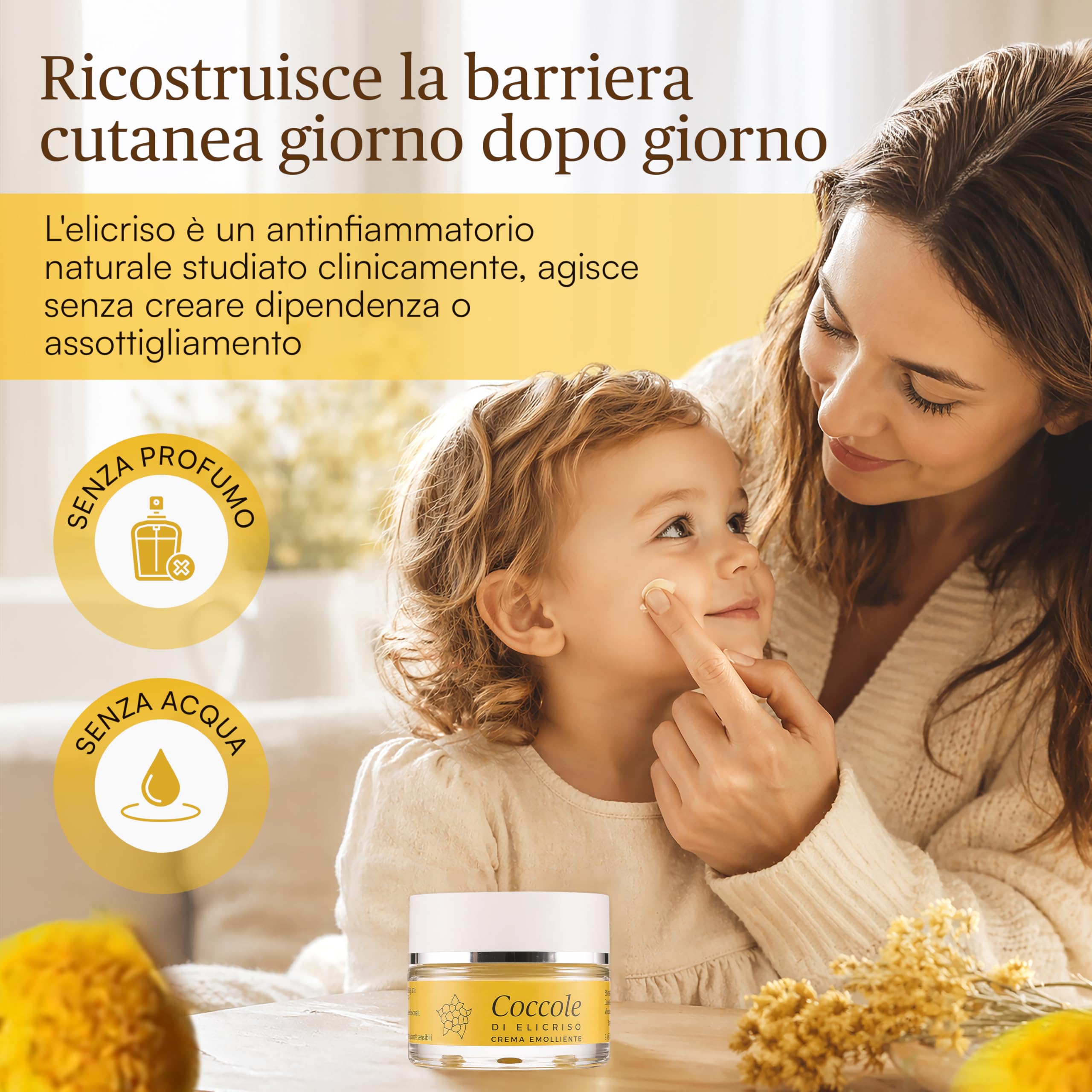 Coccole di Elicriso Crema Bimbi e Adulti Lenitiva senza acqua - Crema Corpo Pelle Sensibile Ultra Concentrata per Dermatite Atopica su Viso, Mani e Corpo - Senza Conservanti con Oli Pregiati, 30 ml