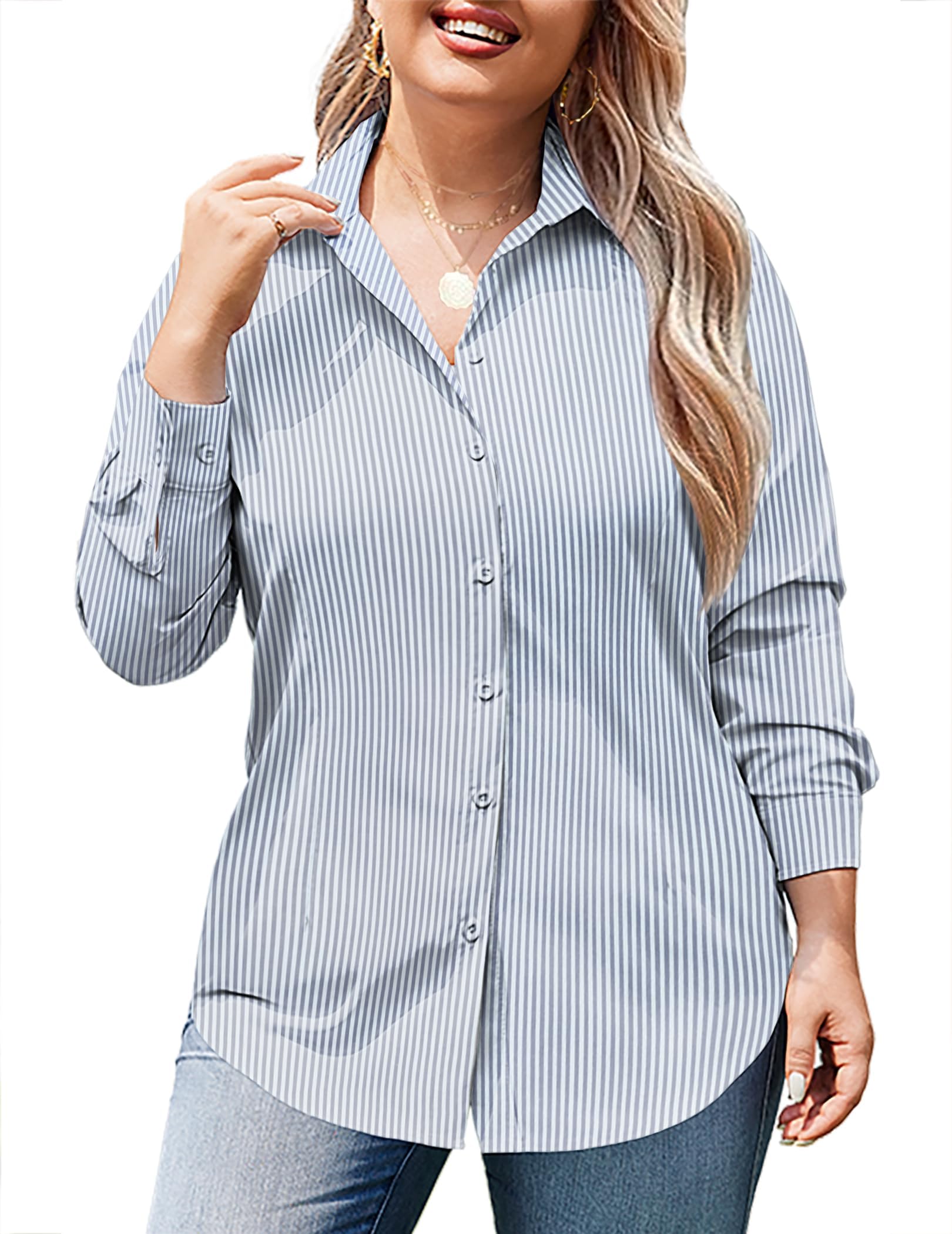Women's Plus Size Button Down Shirts Long Sleeve Collared Casual Shirt Office Work Blouse Tops