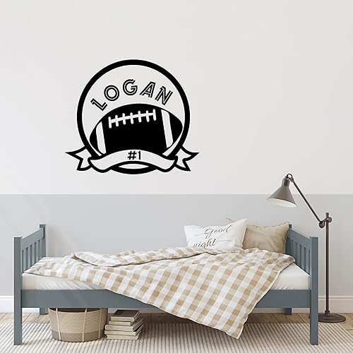 Miniatura 2 de Diseño de pared de fútbol americano, calcomanía de calidad con bola, círculo, nombre, diseño deportivo temático de moda para habitaciones de niños y